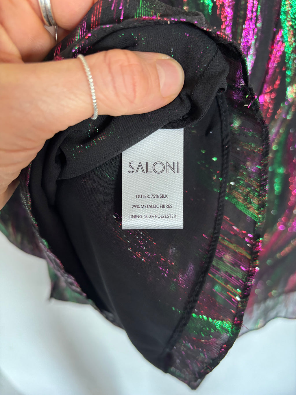 SALONI Silk Tania Black Green Pink Metallic Iridescent Long Sleeve Blouse Top