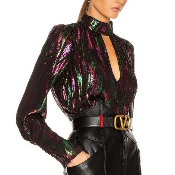 SALONI Silk Tania Black Green Pink Metallic Iridescent Long Sleeve Blouse Top