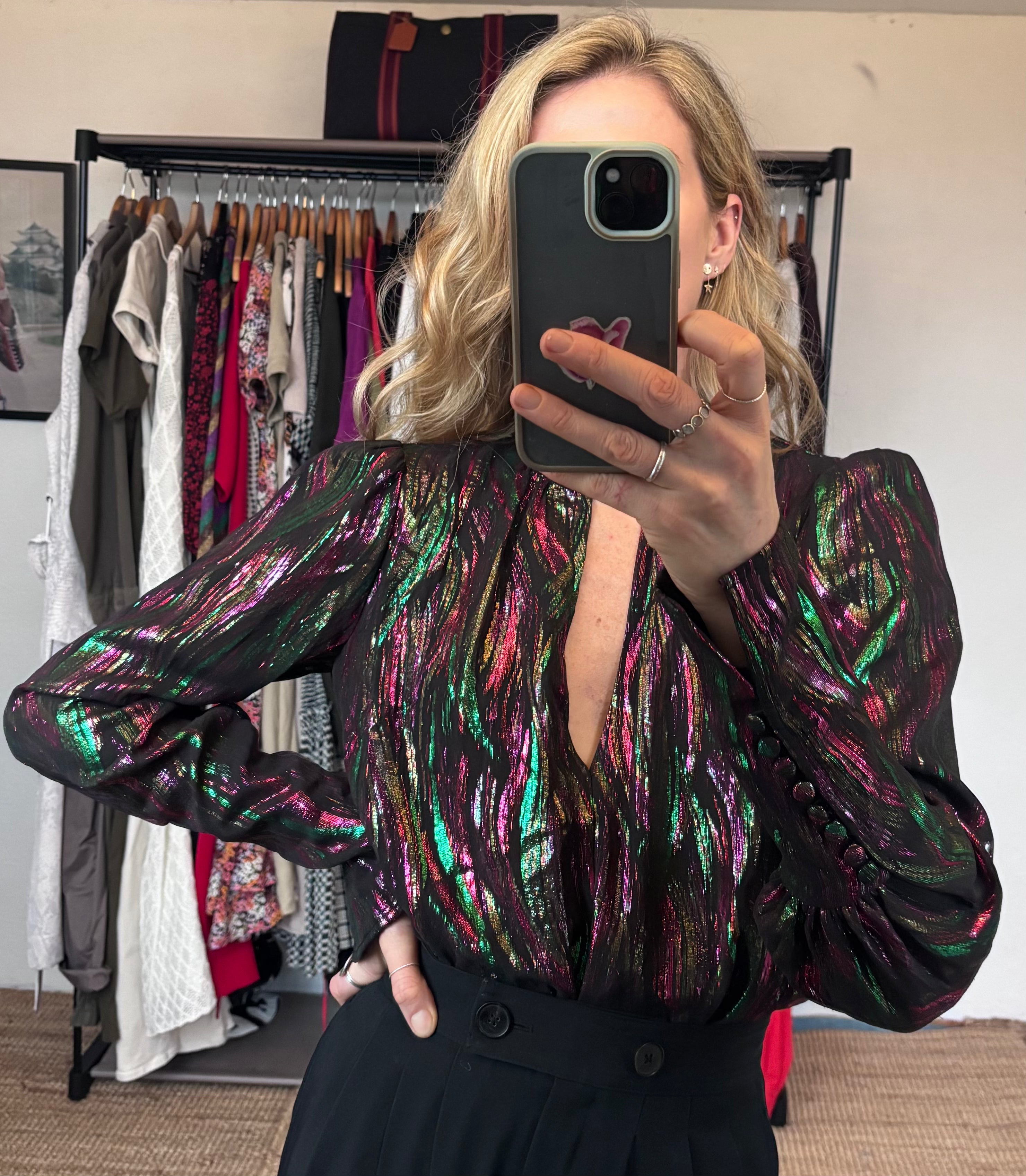 SALONI Silk Tania Black Green Pink Metallic Iridescent Long Sleeve Blouse Top
