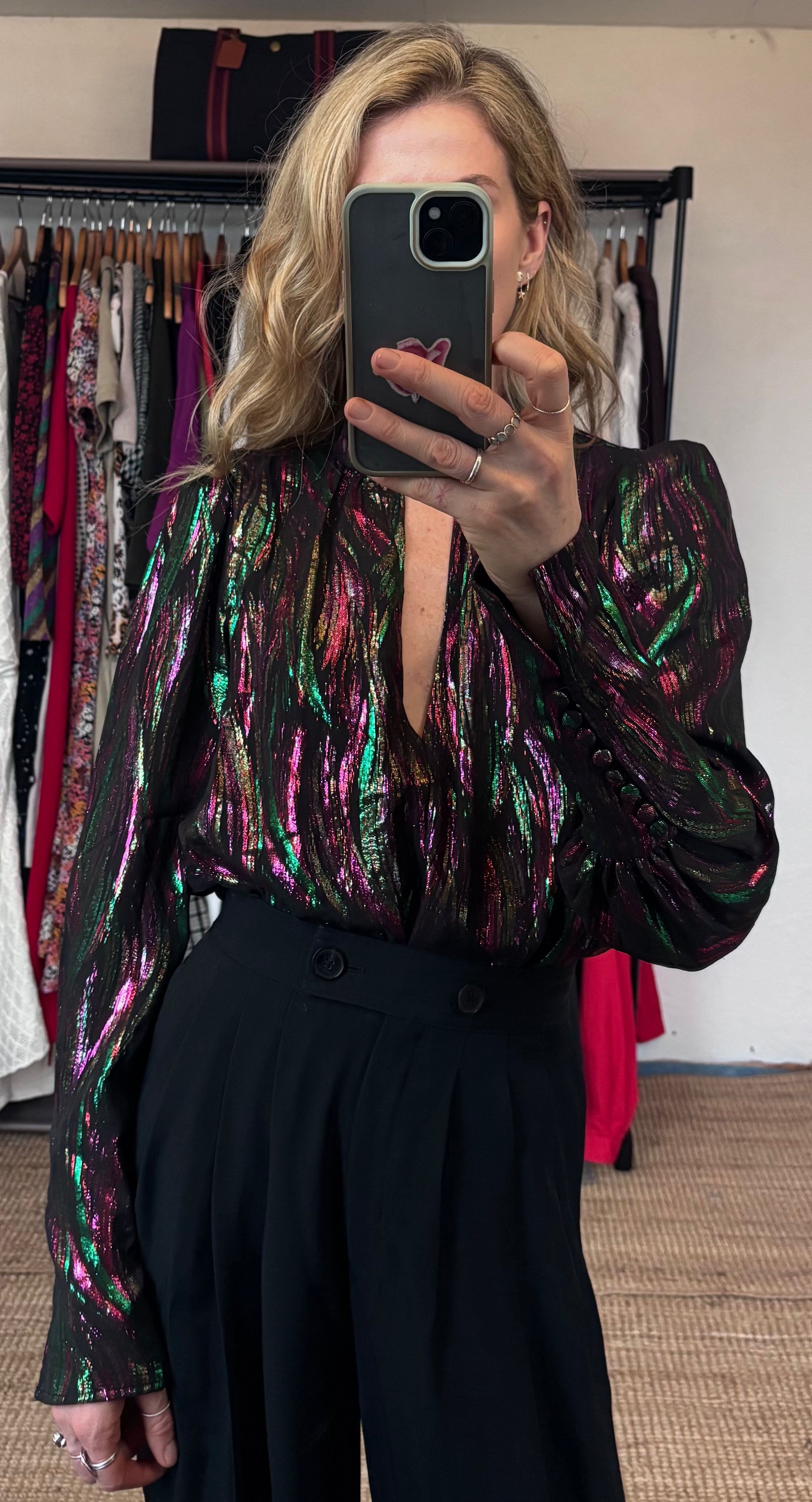 SALONI Silk Tania Black Green Pink Metallic Iridescent Long Sleeve Blouse Top