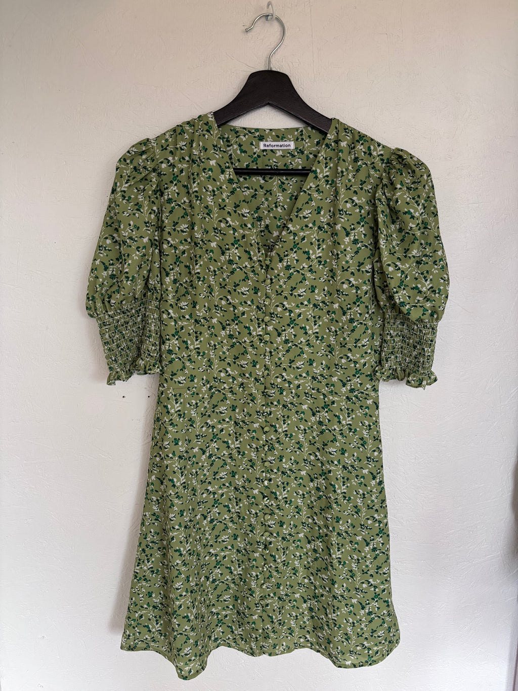 Reformation Green Alison Floral Button Down Short Puff Sleeve Mini Sun Dress