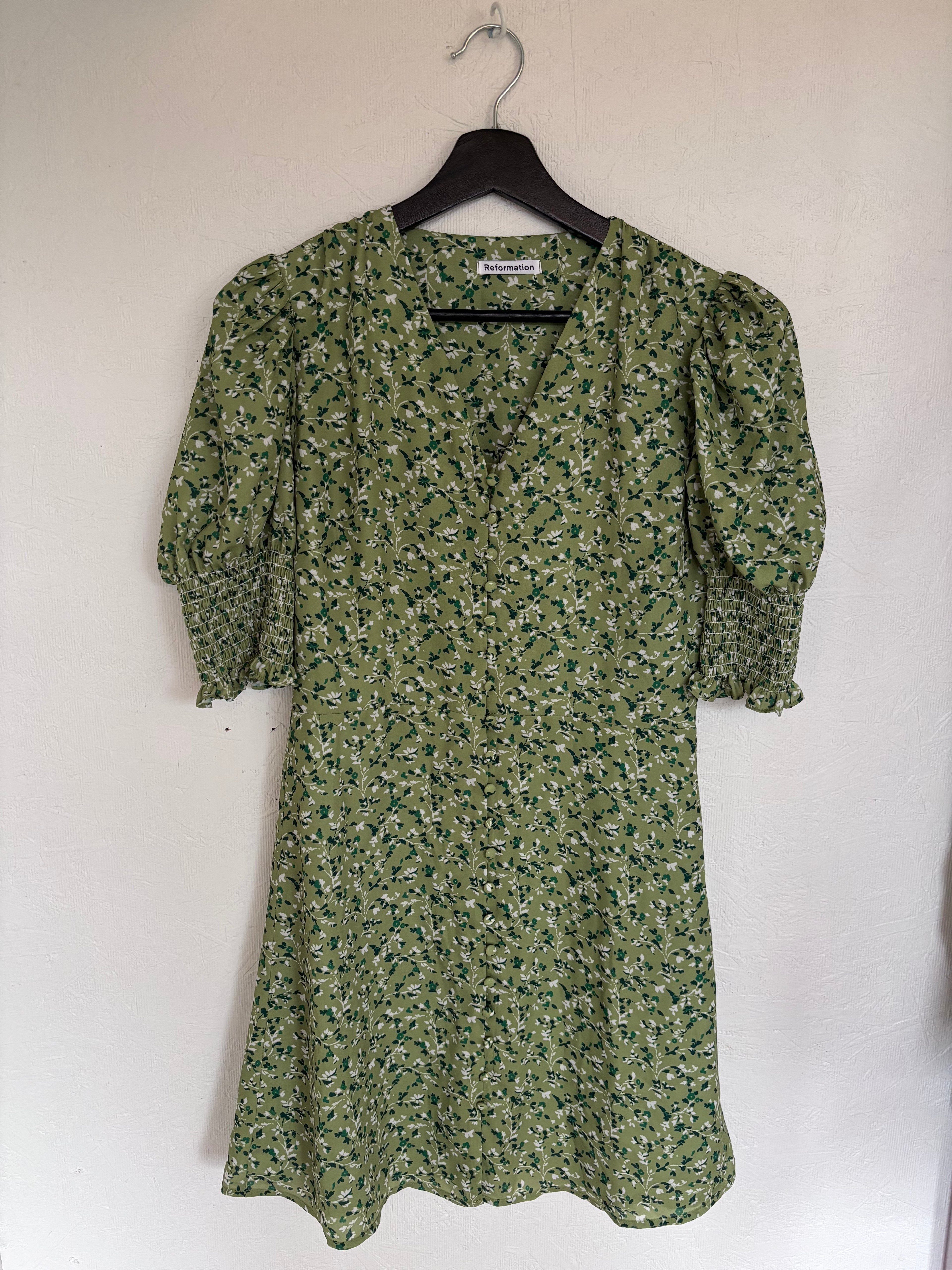 Reformation Green Alison Floral Button Down Short Puff Sleeve Mini Sun Dress