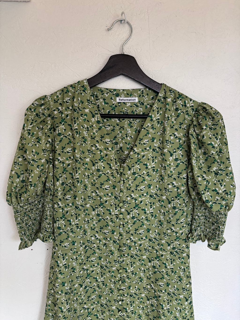 Reformation Green Alison Floral Button Down Short Puff Sleeve Mini Sun Dress