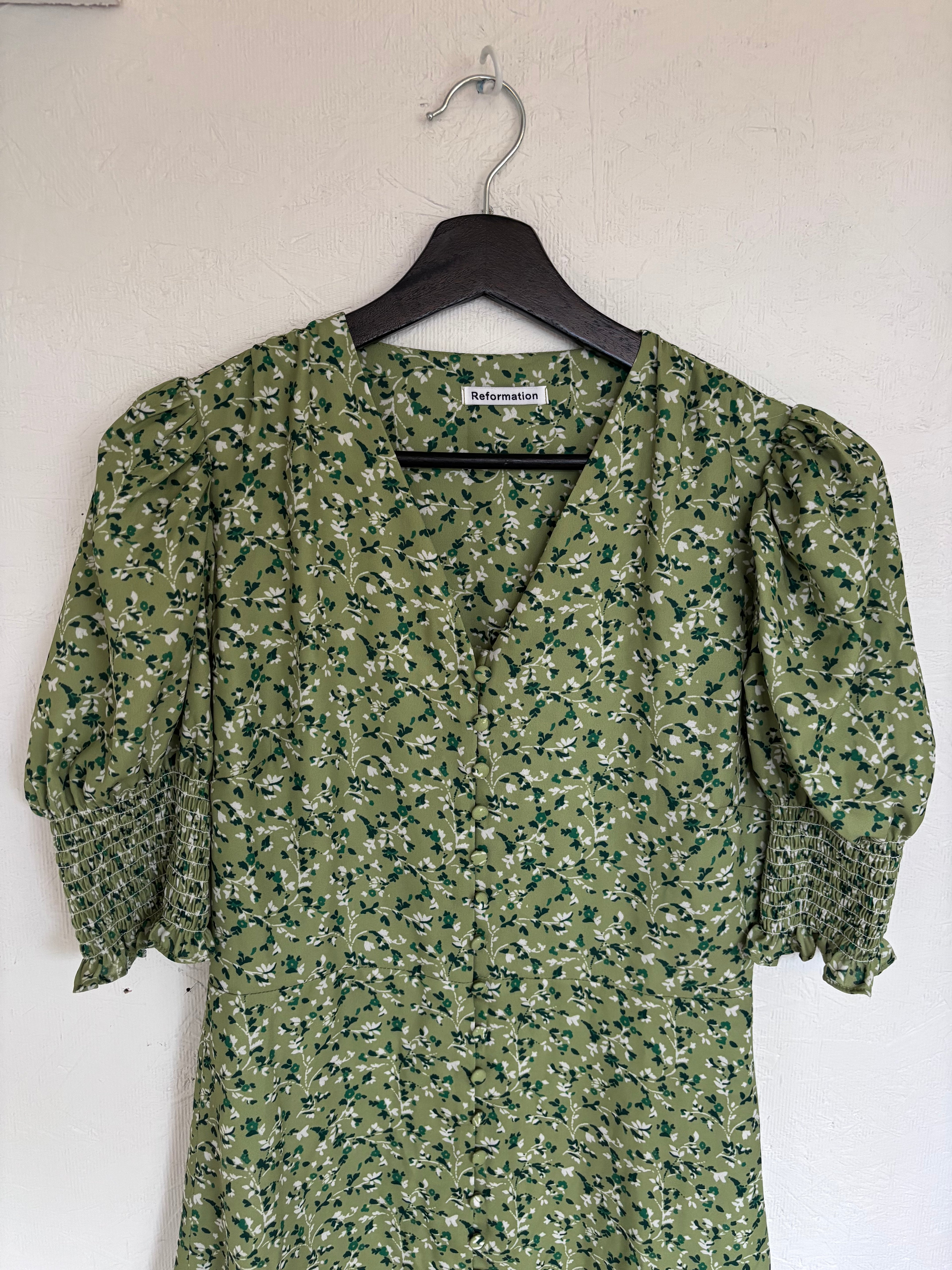Reformation Green Alison Floral Button Down Short Puff Sleeve Mini Sun Dress