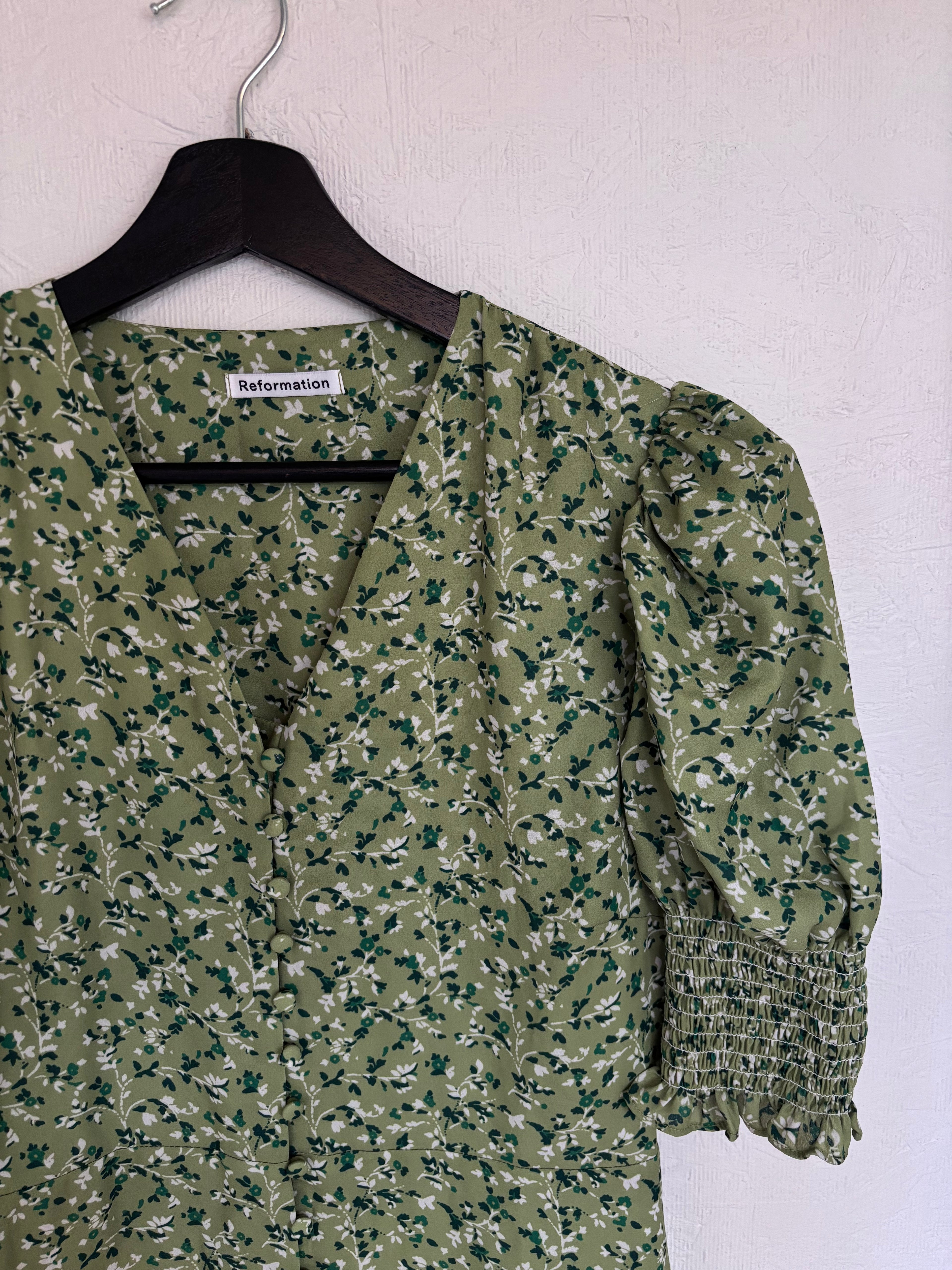 Reformation Green Alison Floral Button Down Short Puff Sleeve Mini Sun Dress
