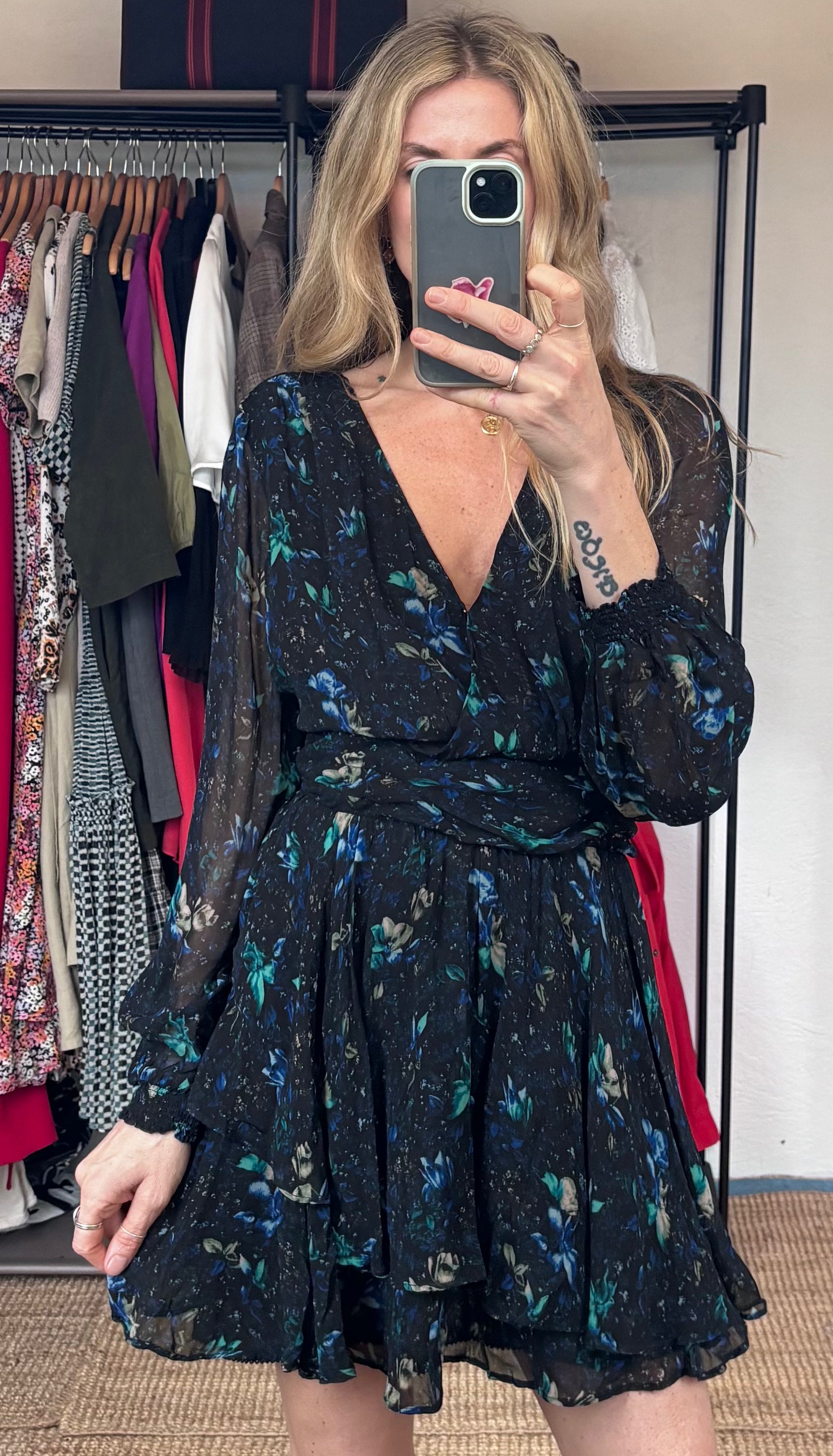 Anthropologie Blue Floral Long Sleeve V Neck Ruched Flowy Mini Boho Dress