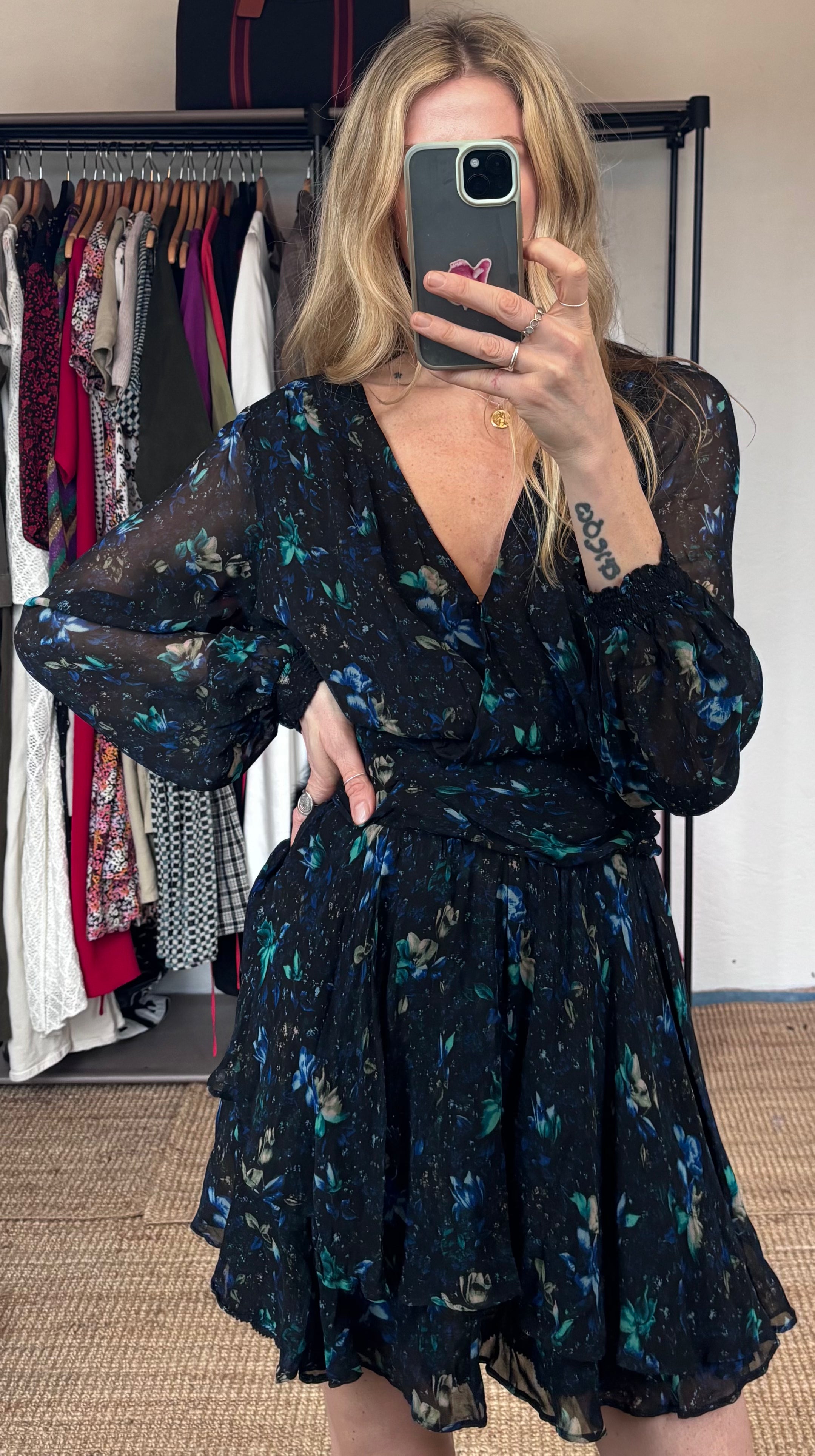 Anthropologie Blue Floral Long Sleeve V Neck Ruched Flowy Mini Boho Dress