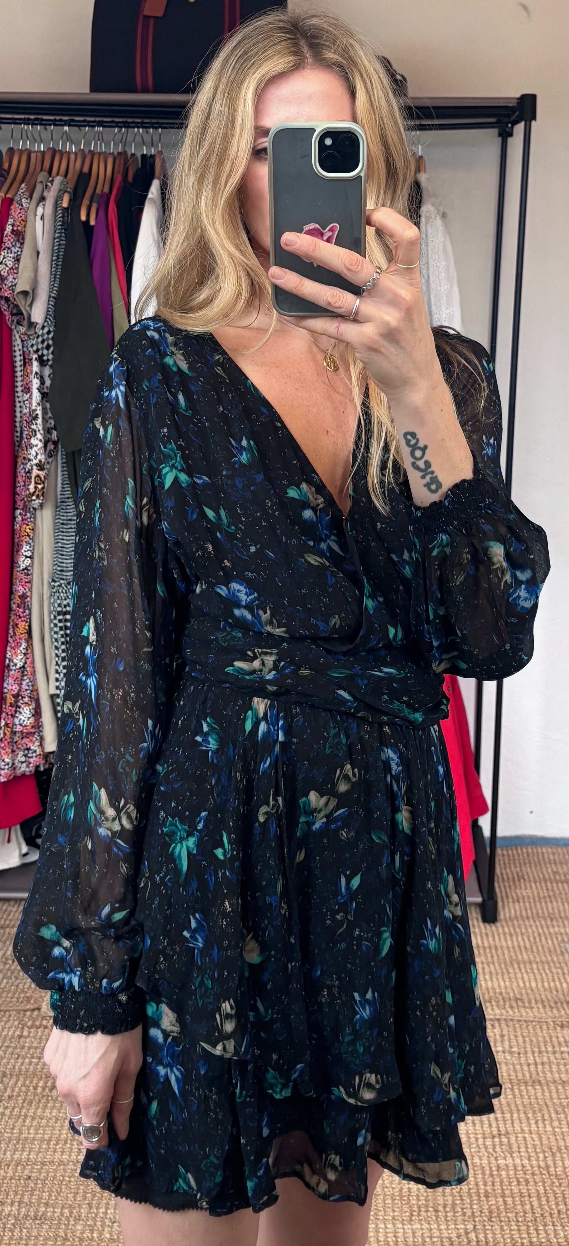 Anthropologie Blue Floral Long Sleeve V Neck Ruched Flowy Mini Boho Dress