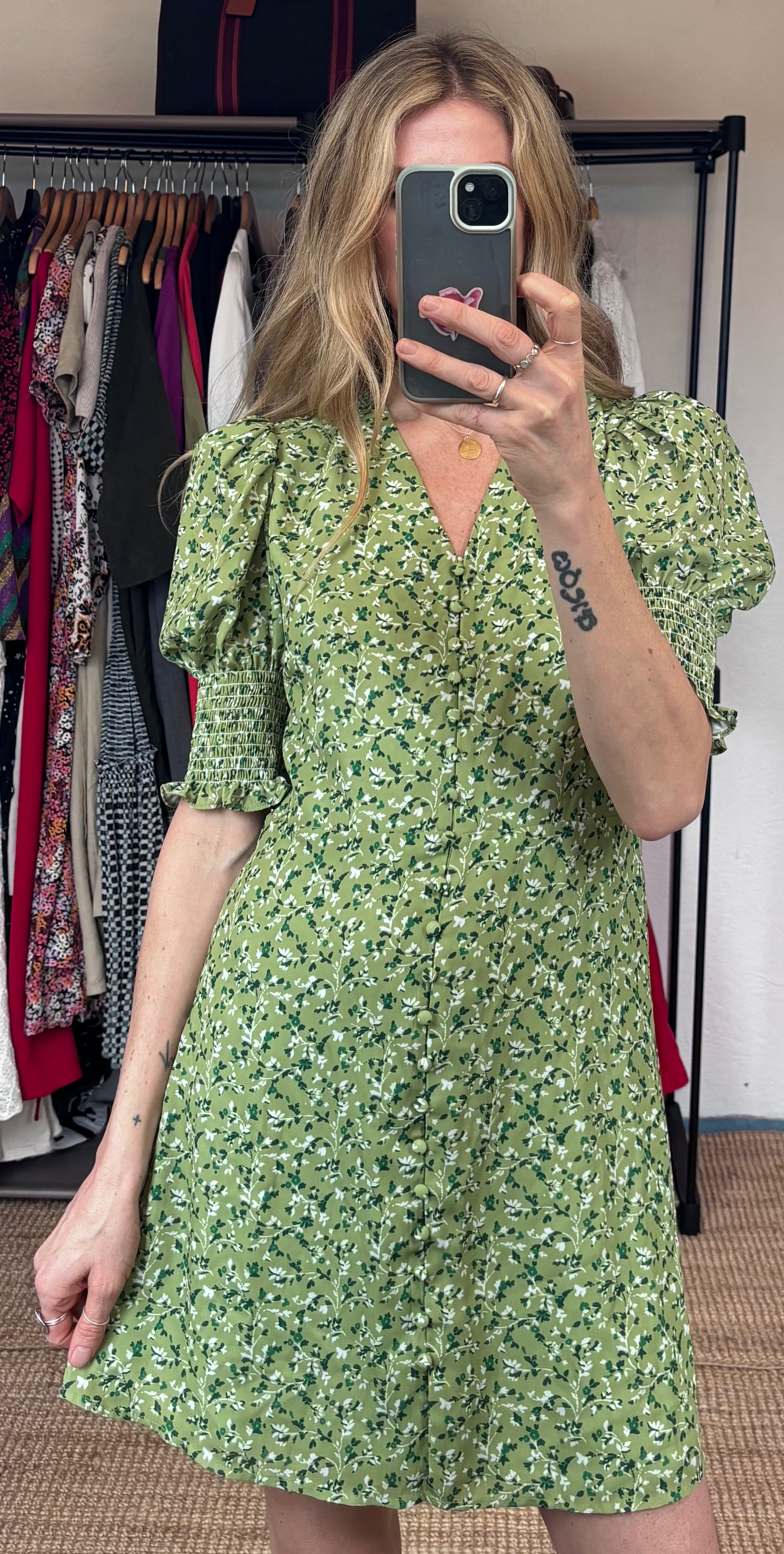 Reformation Green Alison Floral Button Down Short Puff Sleeve Mini Sun Dress