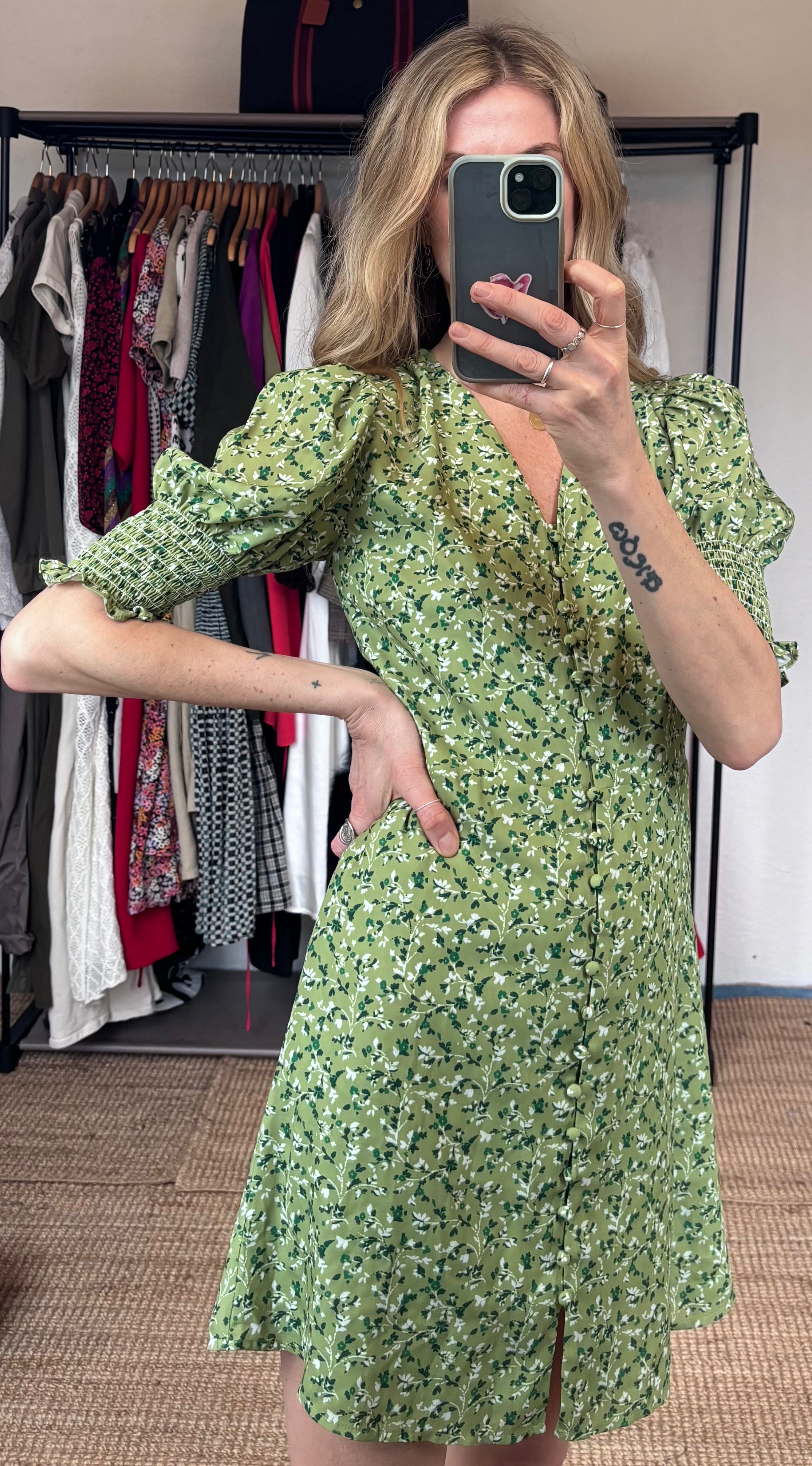 Reformation Green Alison Floral Button Down Short Puff Sleeve Mini Sun Dress