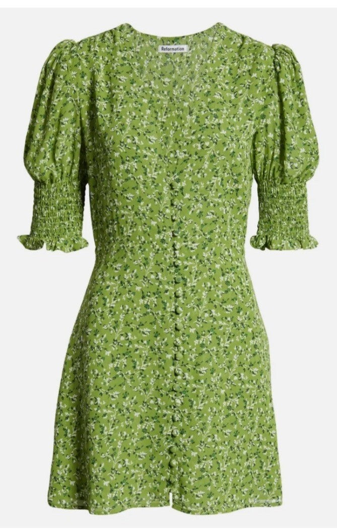 Reformation Green Alison Floral Button Down Short Puff Sleeve Mini Sun Dress