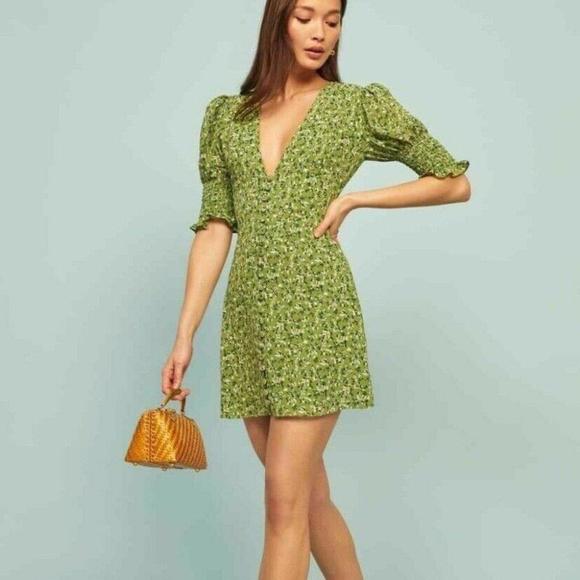 Reformation Green Alison Floral Button Down Short Puff Sleeve Mini Sun Dress
