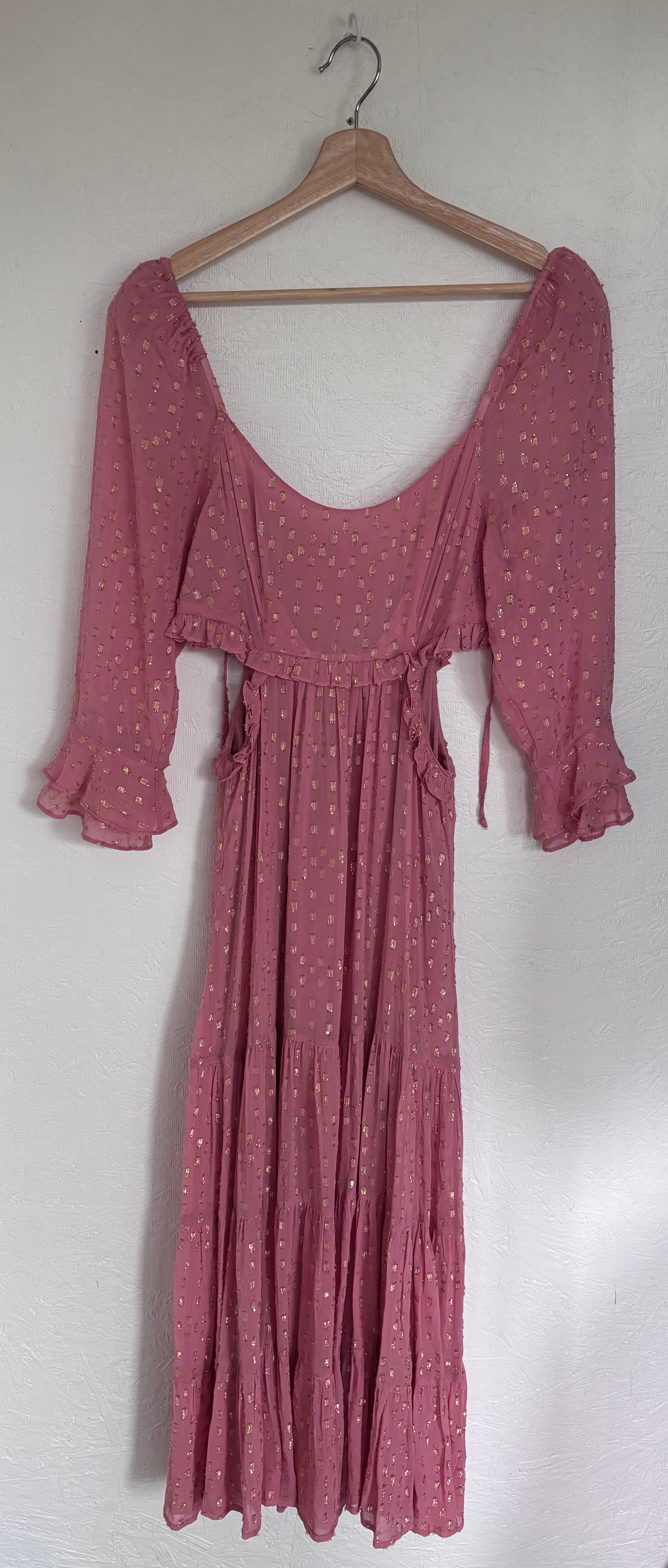 Anthropologie RAHI Dusty Pink Gold Metallic Polka Dot Cut Out Boho Maxi Dress
