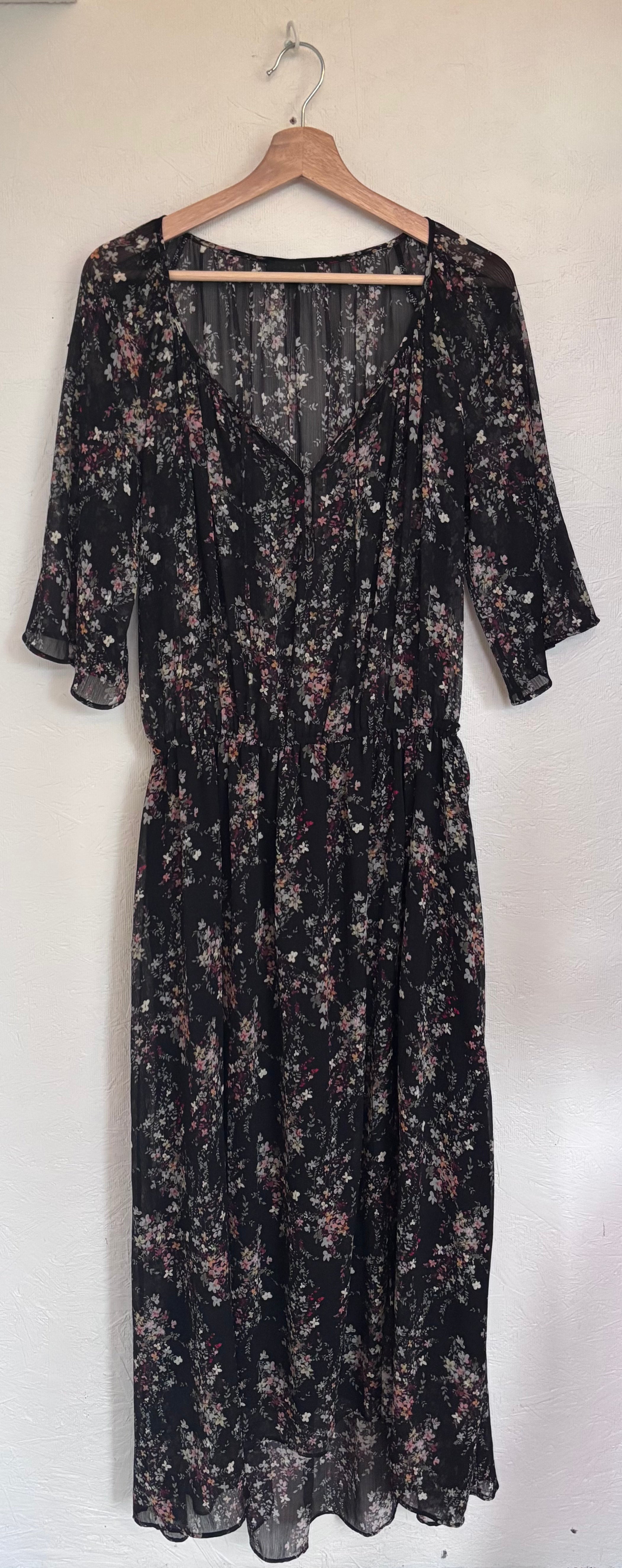 IKKS Women Black Floral Plunging Neckline Bell Sleeve Boho Maxi Dress