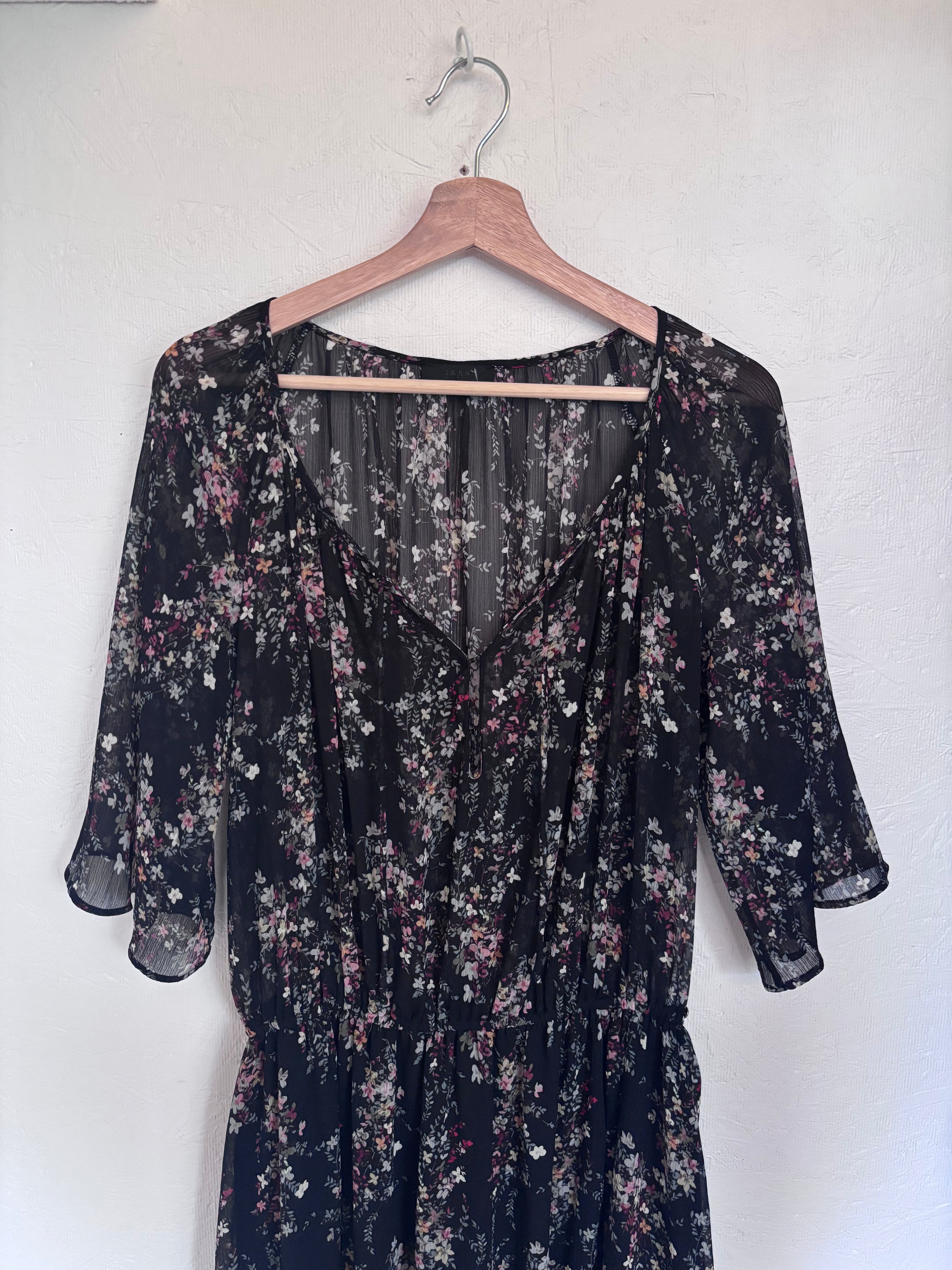 IKKS Women Black Floral Plunging Neckline Bell Sleeve Boho Maxi Dress