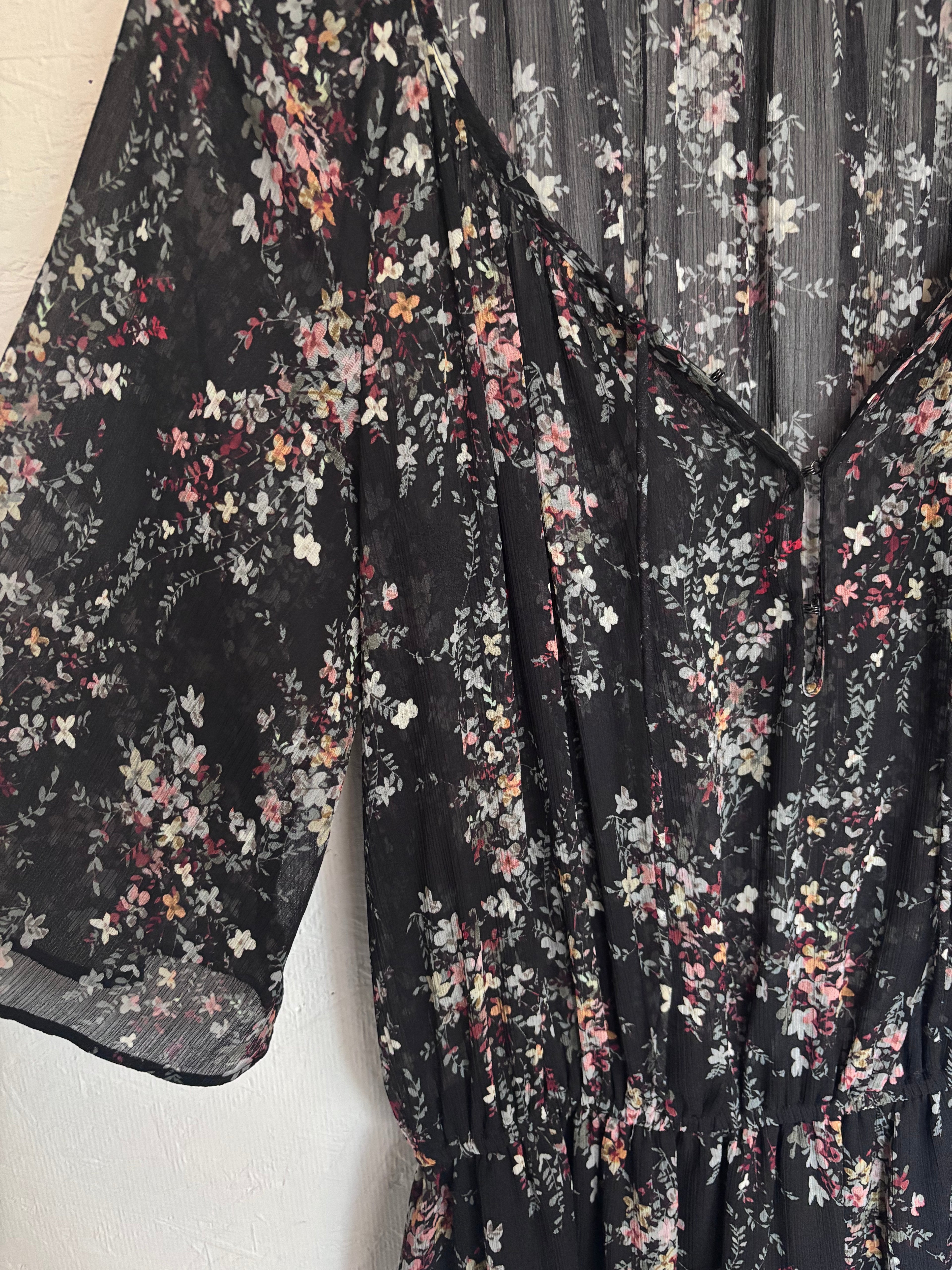 IKKS Women Black Floral Plunging Neckline Bell Sleeve Boho Maxi Dress