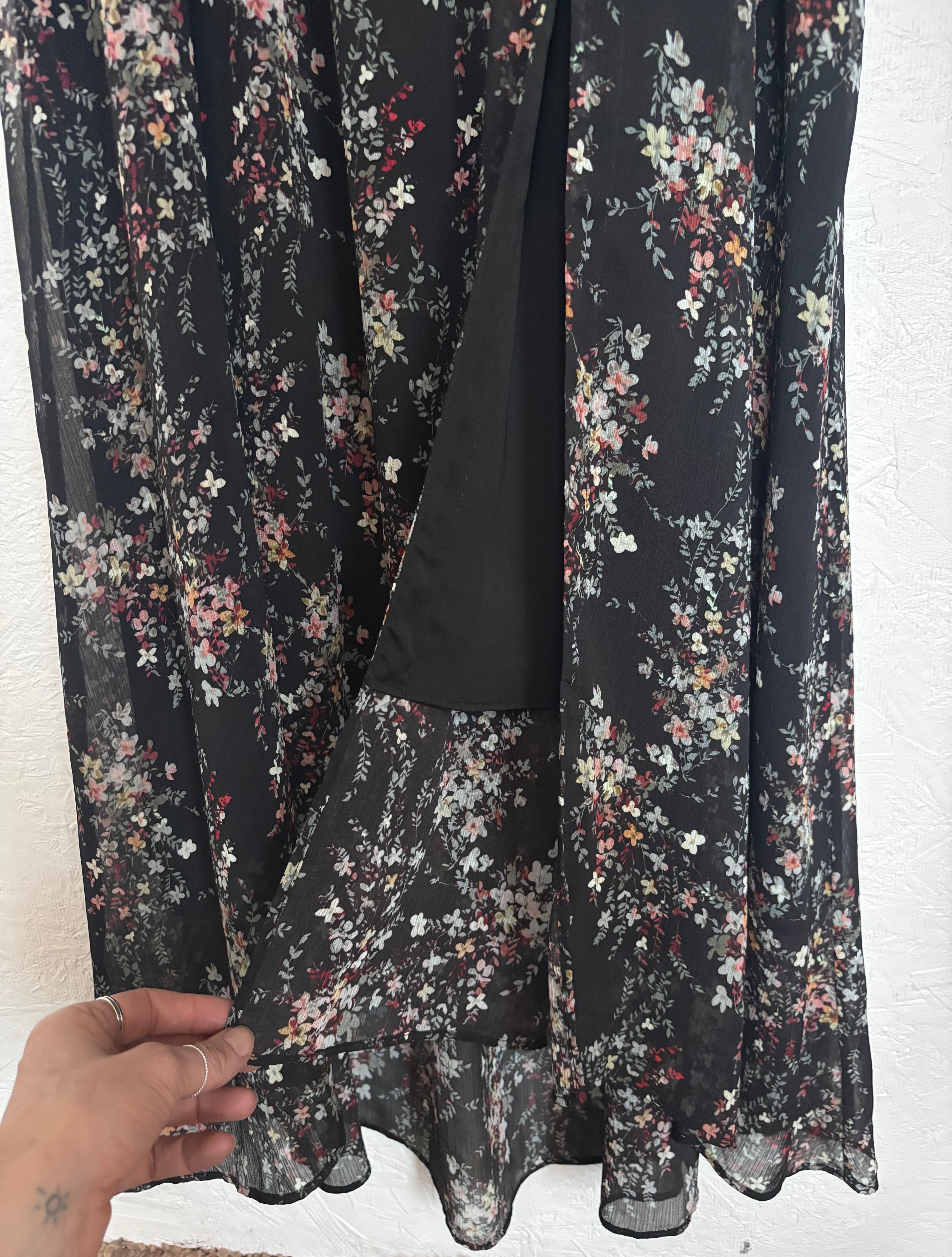 IKKS Women Black Floral Plunging Neckline Bell Sleeve Boho Maxi Dress