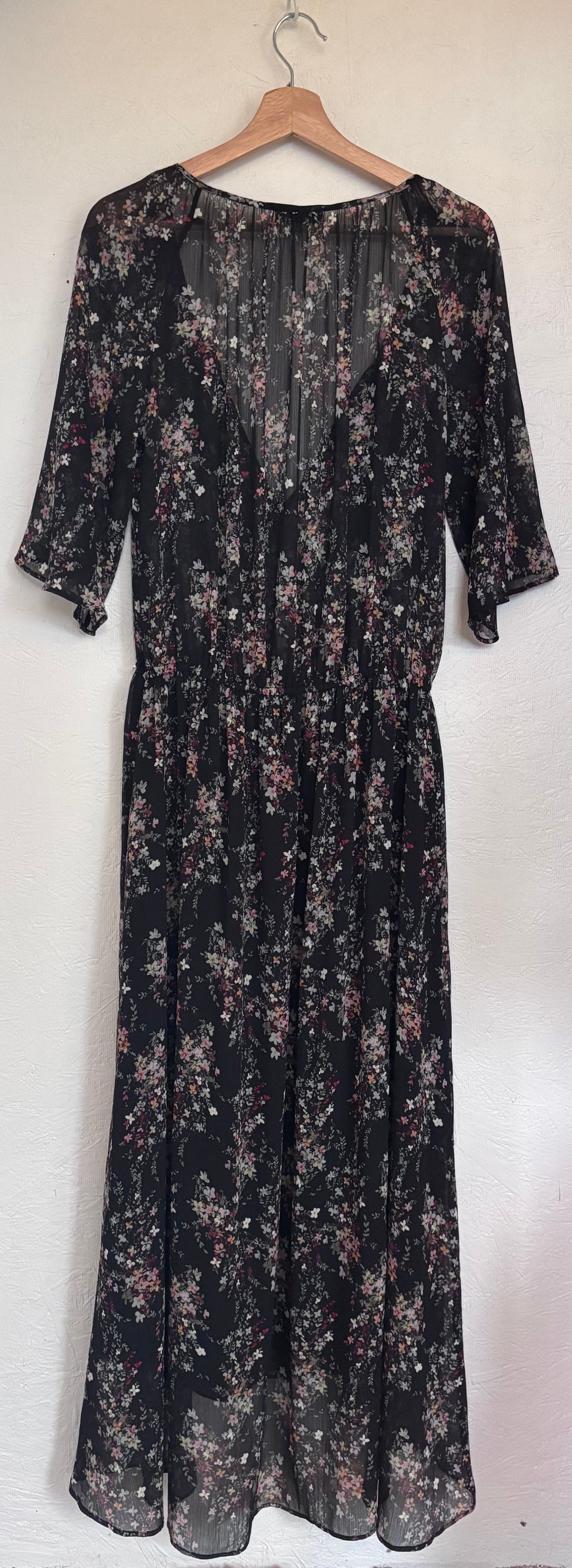 IKKS Women Black Floral Plunging Neckline Bell Sleeve Boho Maxi Dress