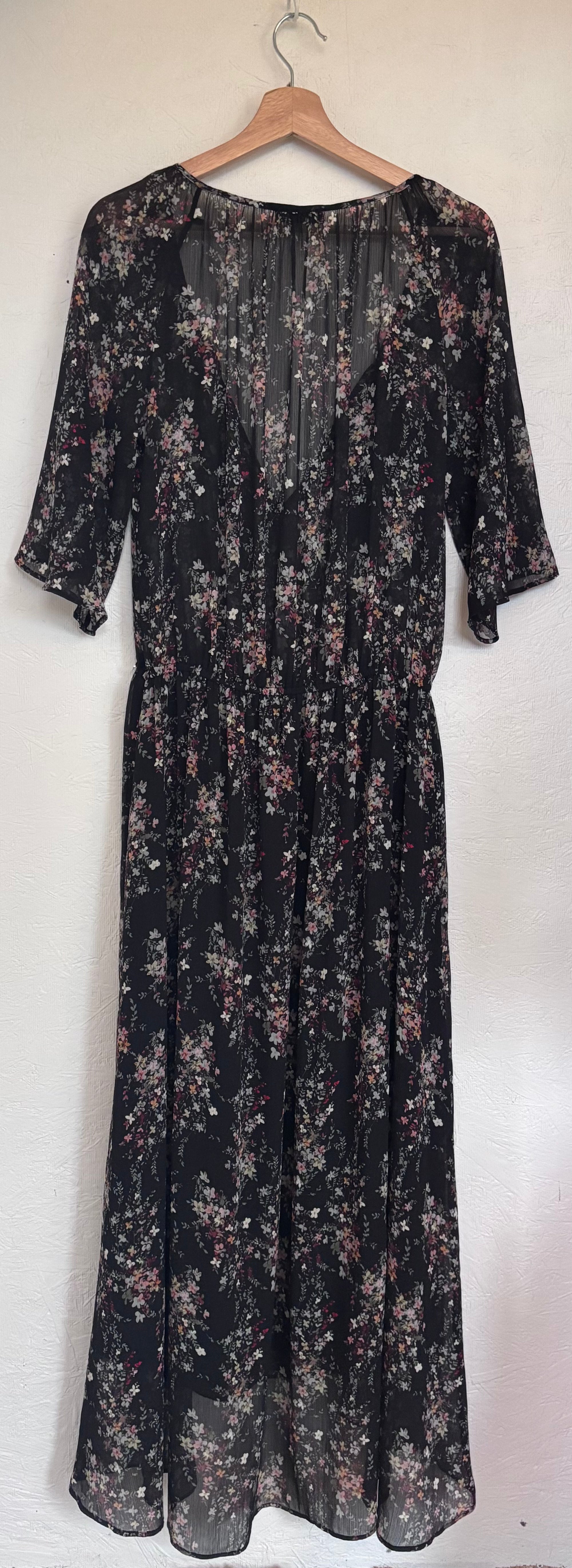 IKKS Women Black Floral Plunging Neckline Bell Sleeve Boho Maxi Dress