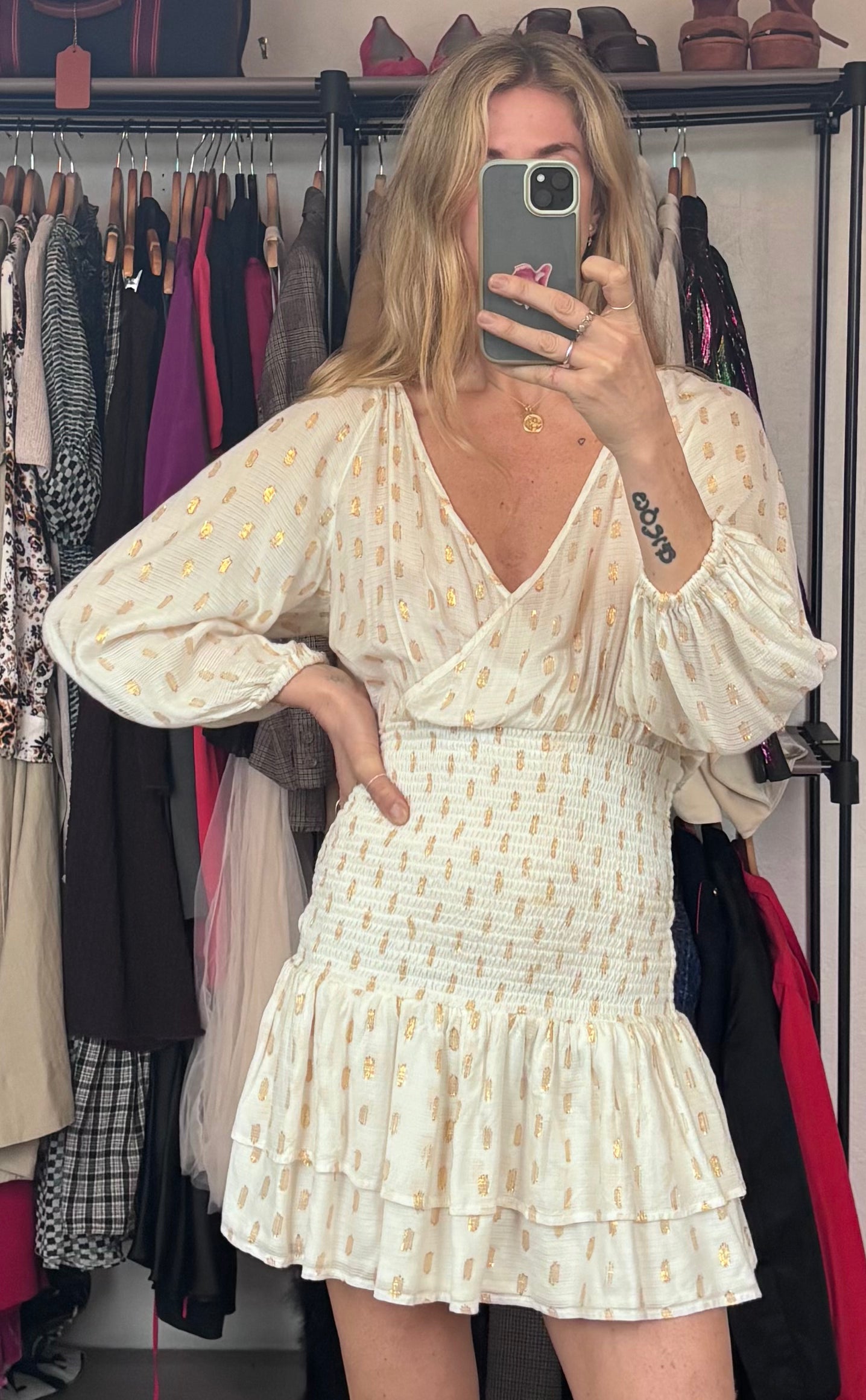 Revolve's Suboo Mae Metallic Gold Cream Puff Sleeve Shirred Ruffle V Neck Mini Dress