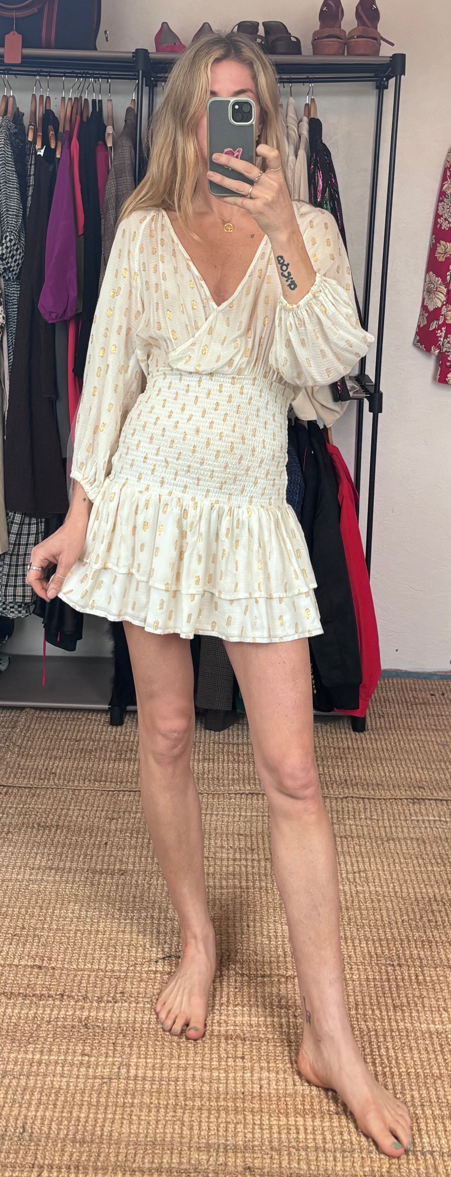 Revolve's Suboo Mae Metallic Gold Cream Puff Sleeve Shirred Ruffle V Neck Mini Dress