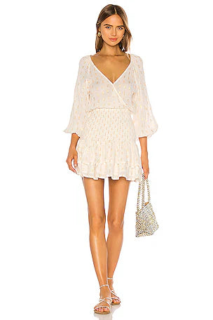 Revolve's Suboo Mae Metallic Gold Cream Puff Sleeve Shirred Ruffle V Neck Mini Dress