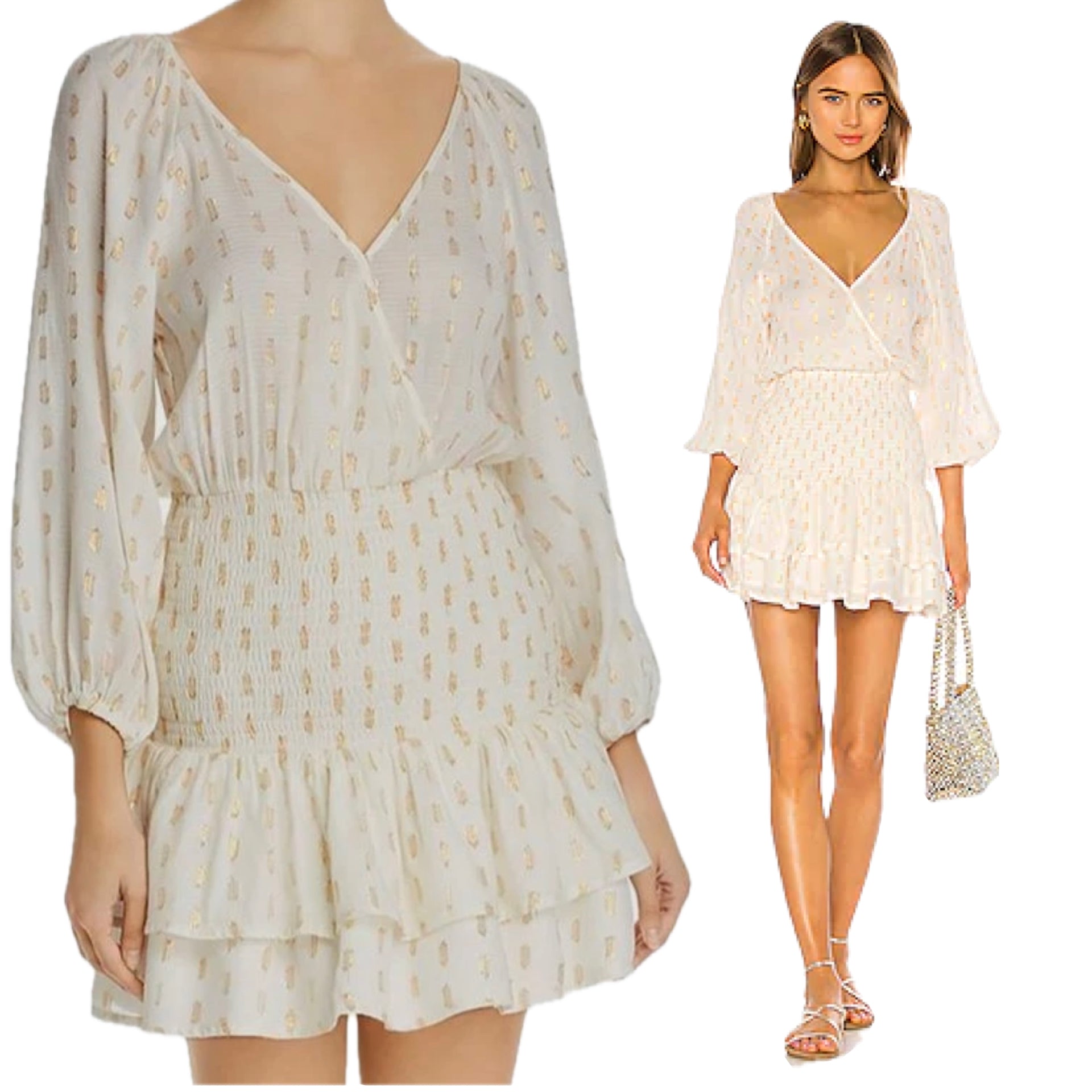 Revolve's Suboo Mae Metallic Gold Cream Puff Sleeve Shirred Ruffle V Neck Mini Dress