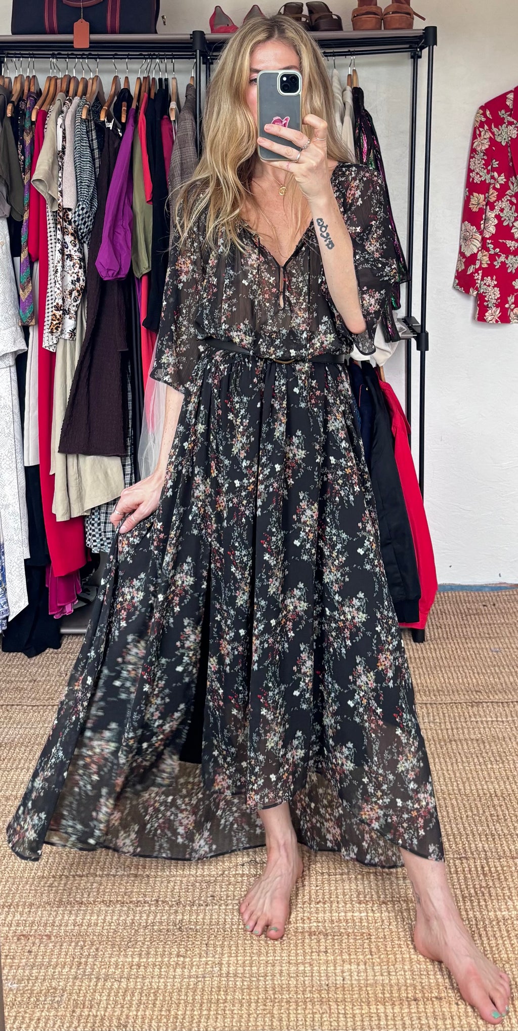 IKKS Women Black Floral Plunging Neckline Bell Sleeve Boho Maxi Dress