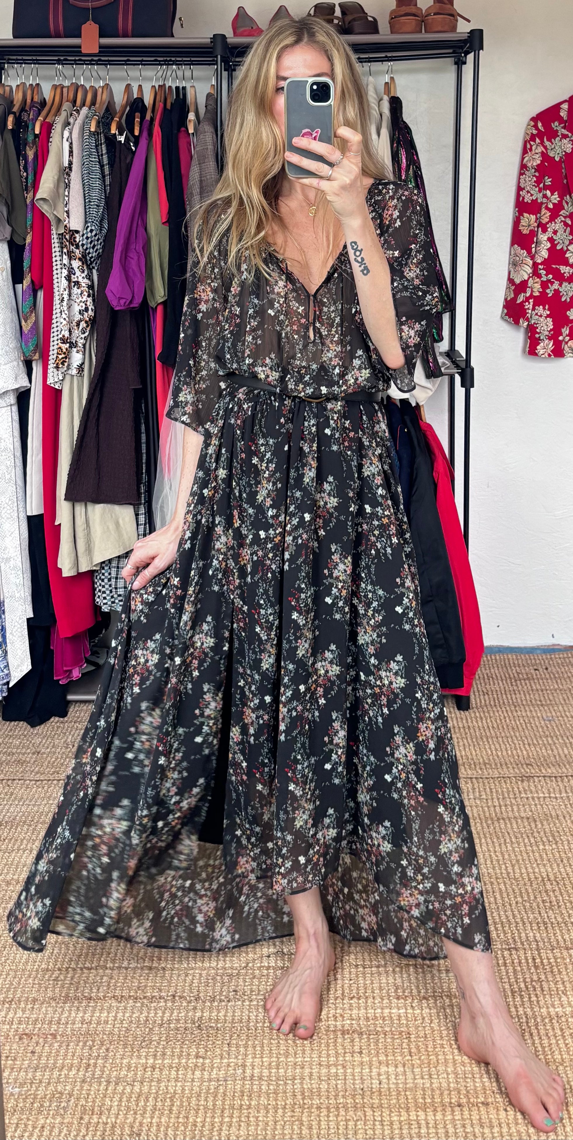 IKKS Women Black Floral Plunging Neckline Bell Sleeve Boho Maxi Dress