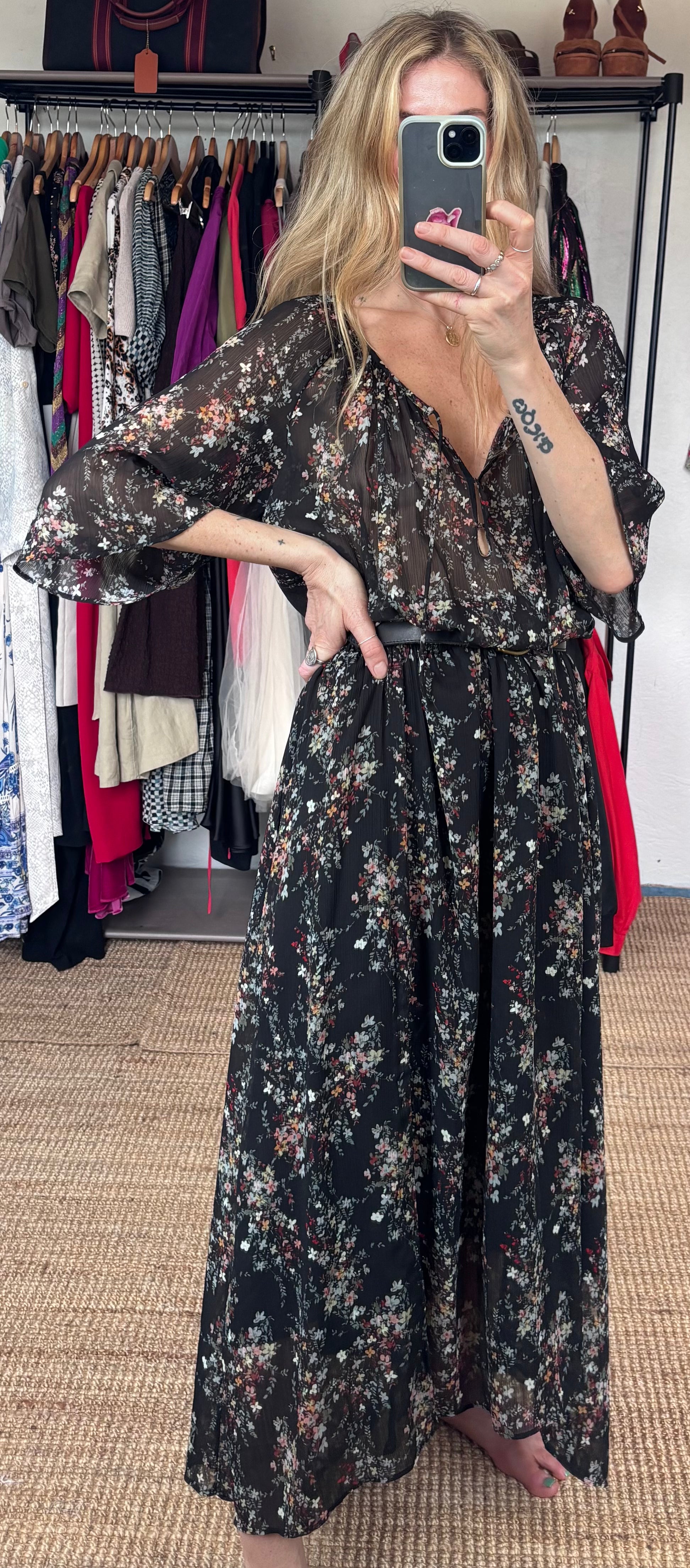 IKKS Women Black Floral Plunging Neckline Bell Sleeve Boho Maxi Dress