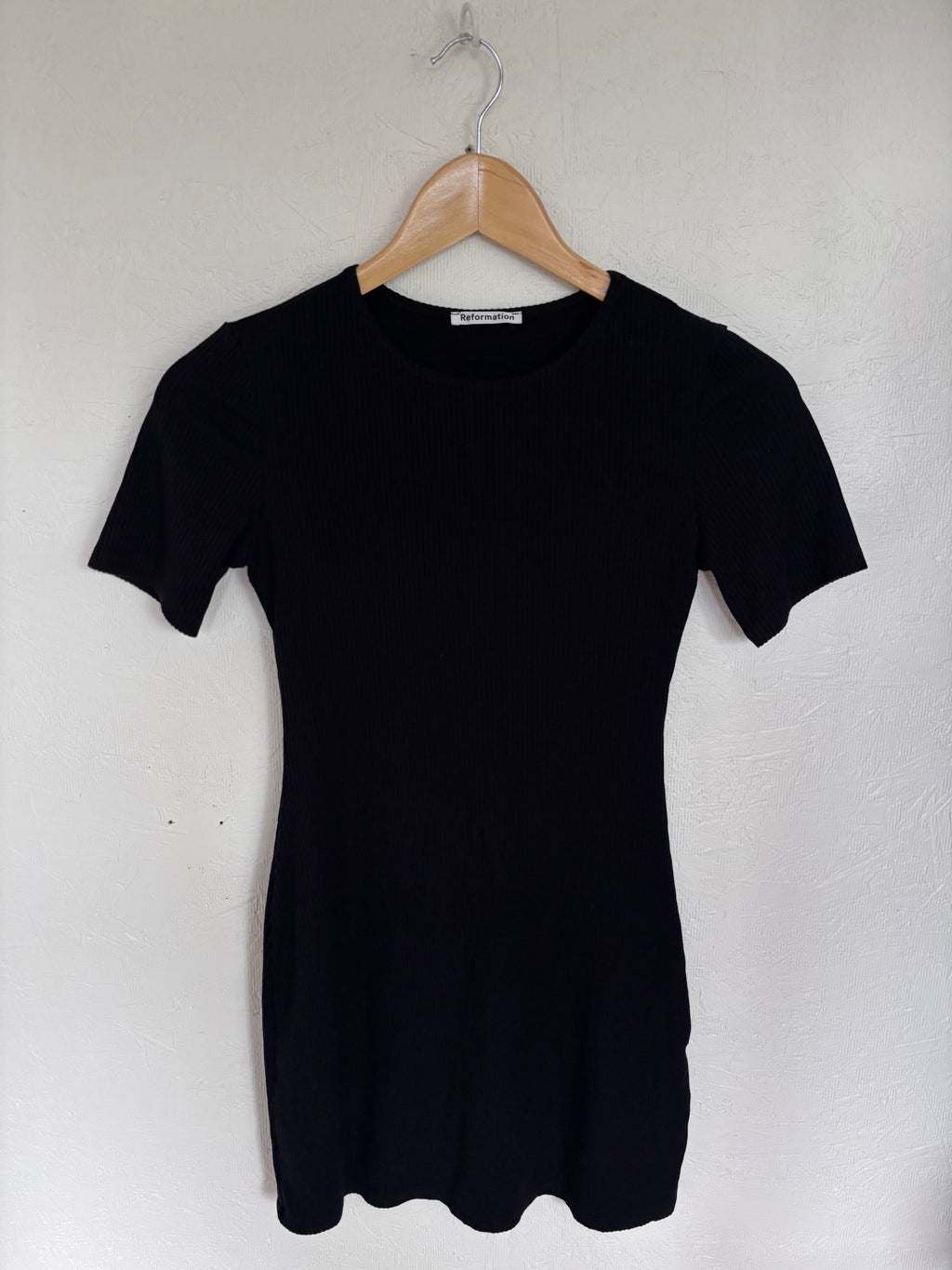 Reformation Black Kennedy Ribbed Contour Bodycon Short Sleeve T Shirt Mini Dress