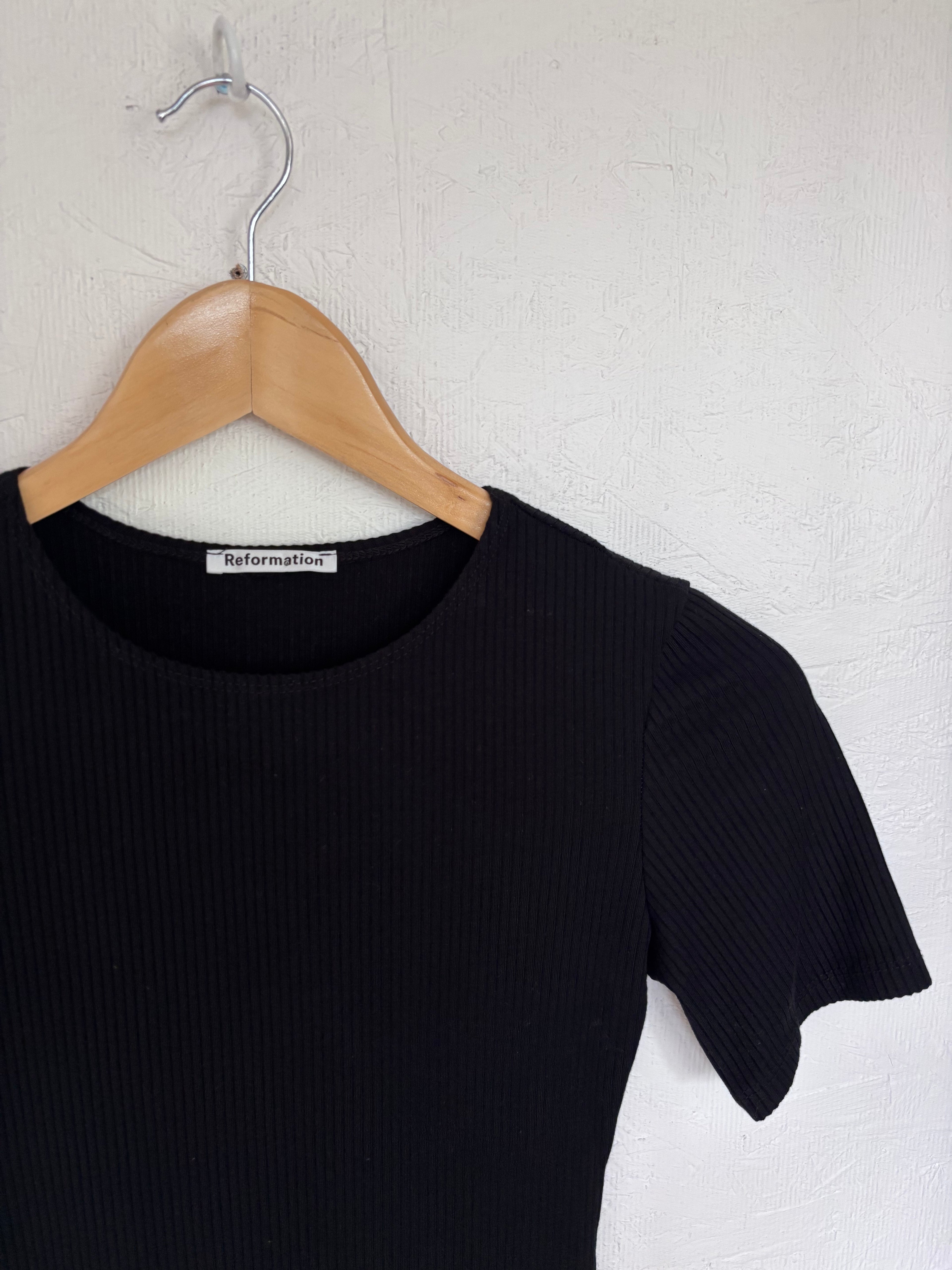 Reformation Black Kennedy Ribbed Contour Bodycon Short Sleeve T Shirt Mini Dress