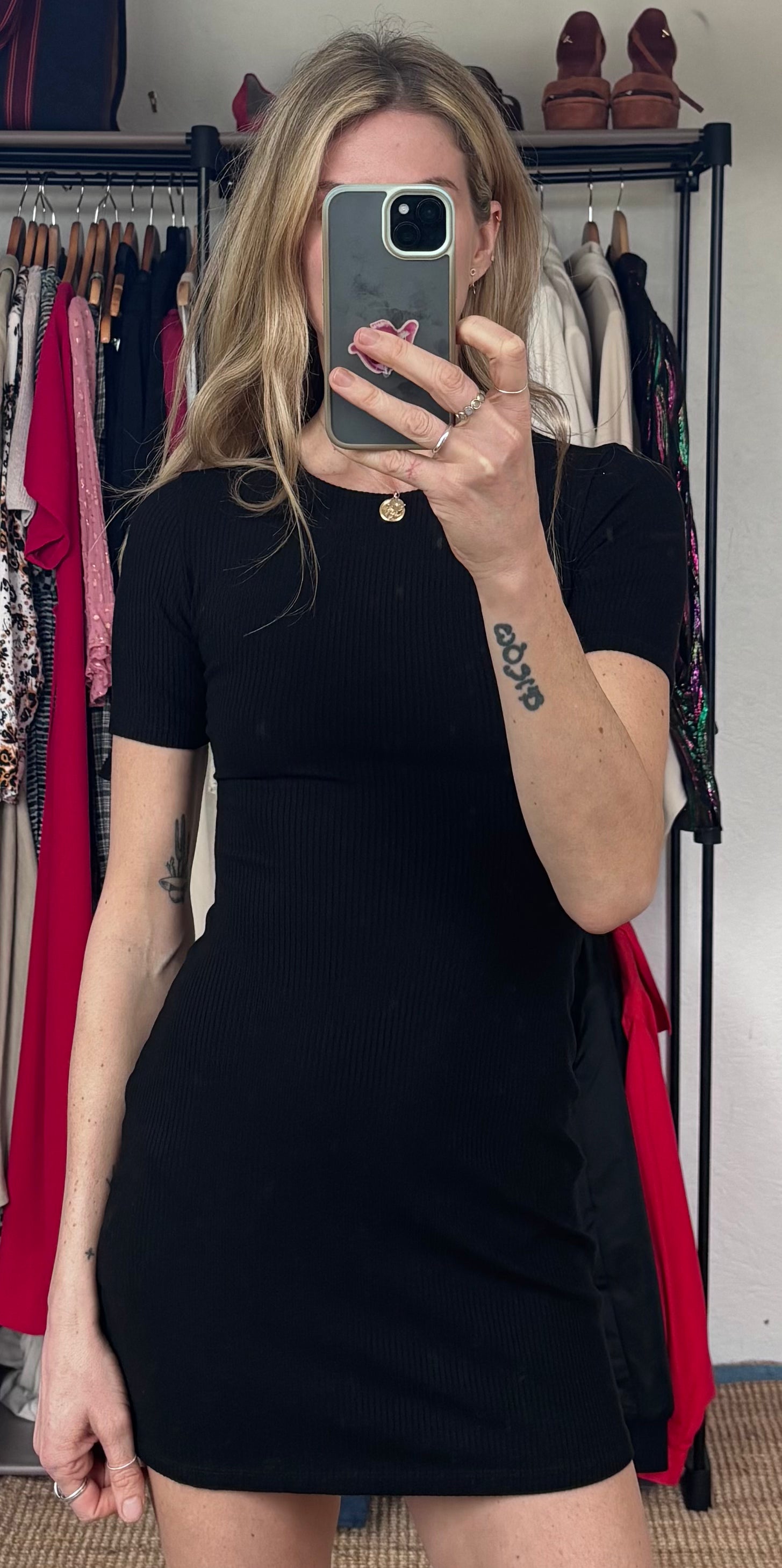 Reformation Black Kennedy Ribbed Contour Bodycon Short Sleeve T Shirt Mini Dress