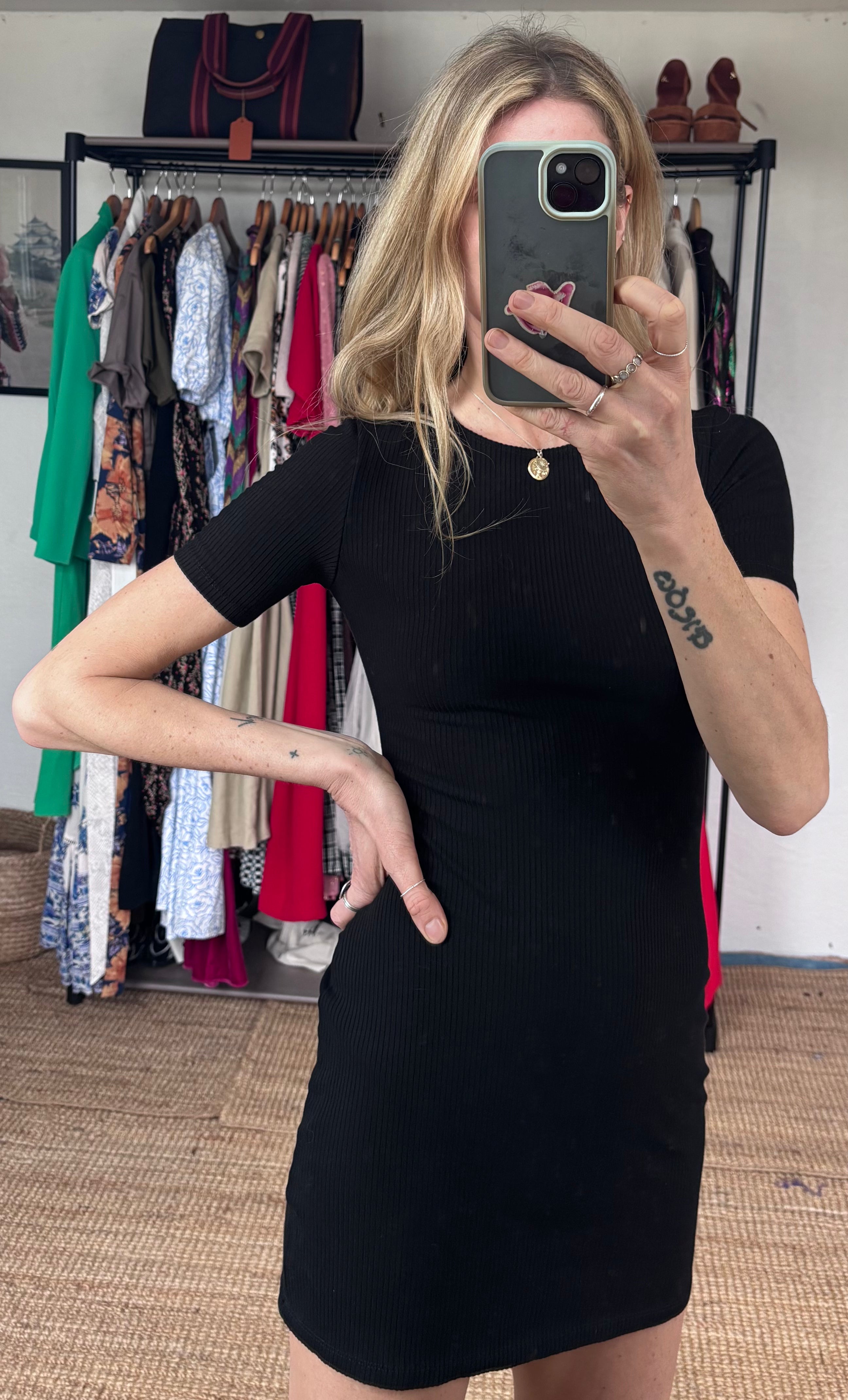 Reformation Black Kennedy Ribbed Contour Bodycon Short Sleeve T Shirt Mini Dress