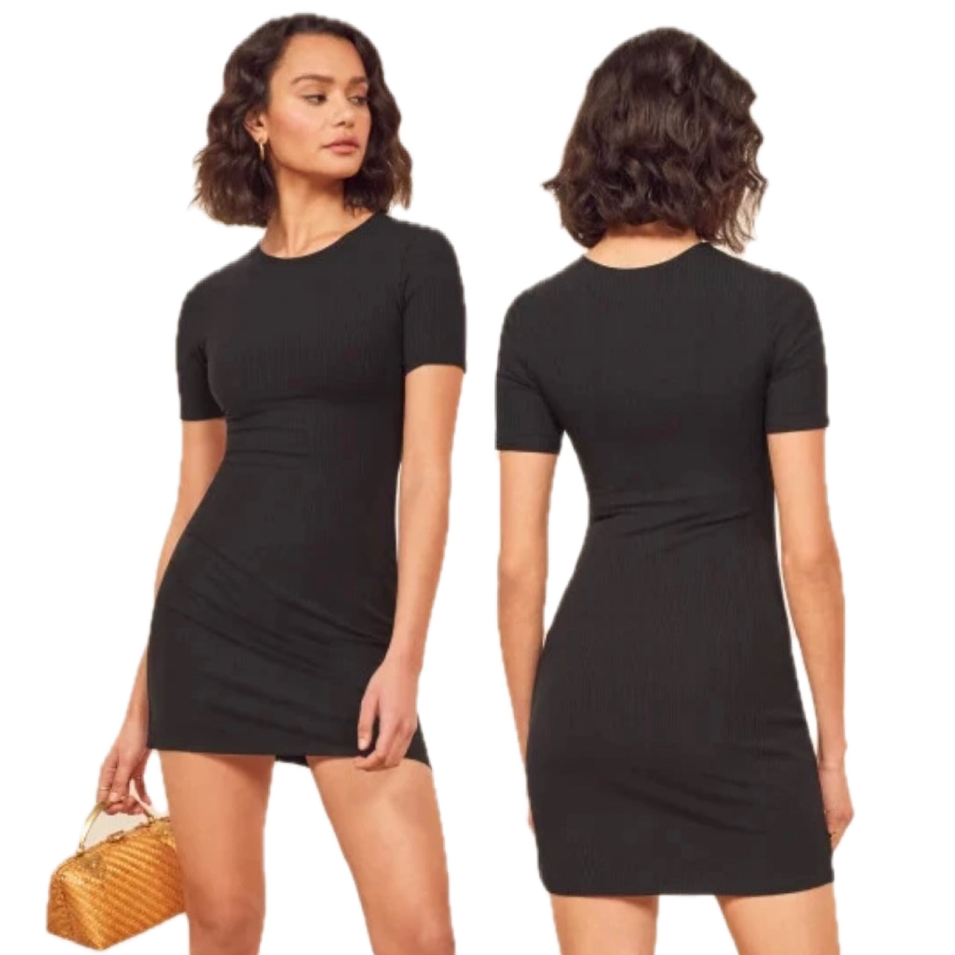 Reformation Black Kennedy Ribbed Contour Bodycon Short Sleeve T Shirt Mini Dress