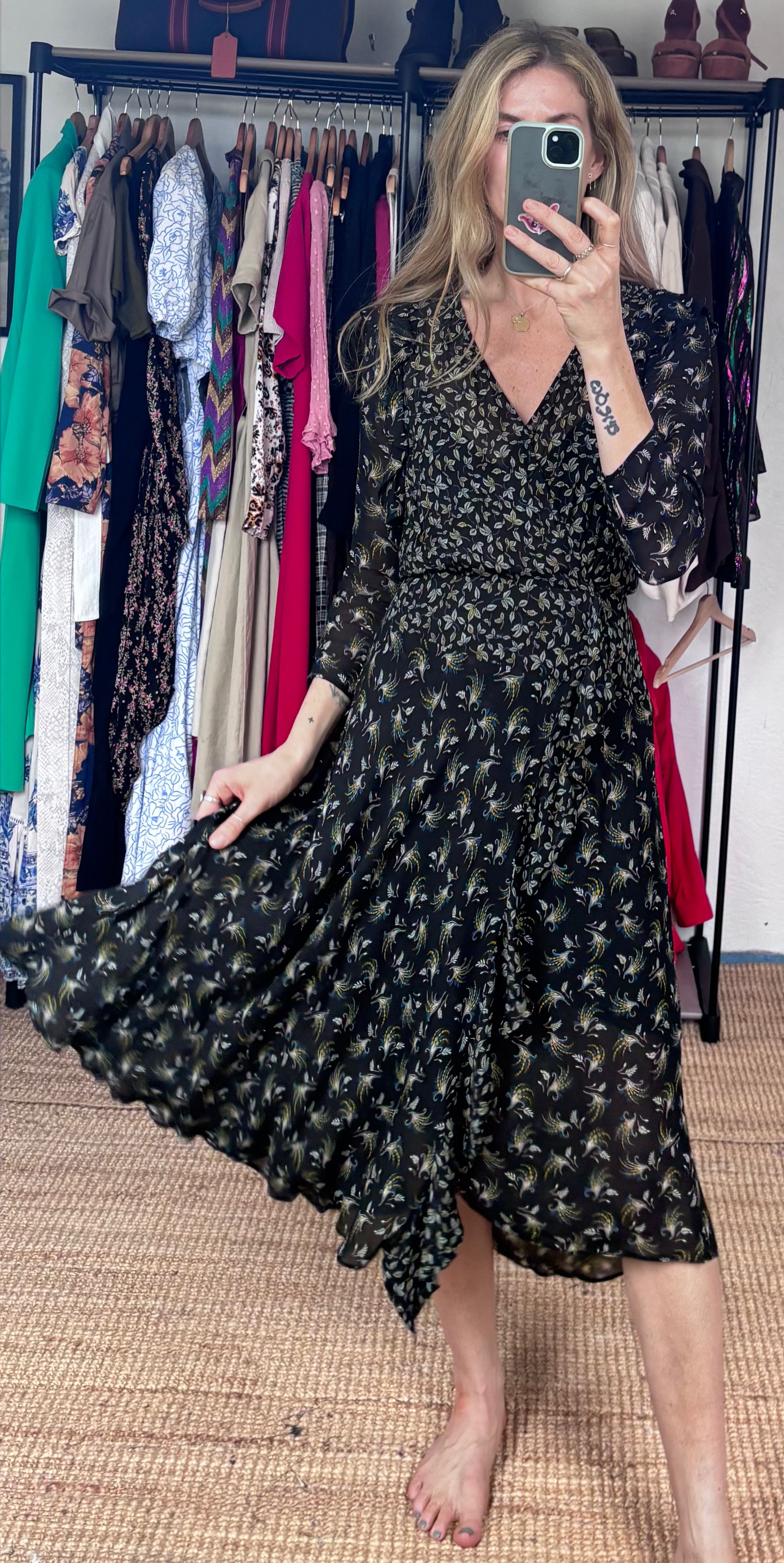 Anthropologie's Bailey 44 Ophelia Black Floral Print Ruffle Midi V Neck Boho Dress