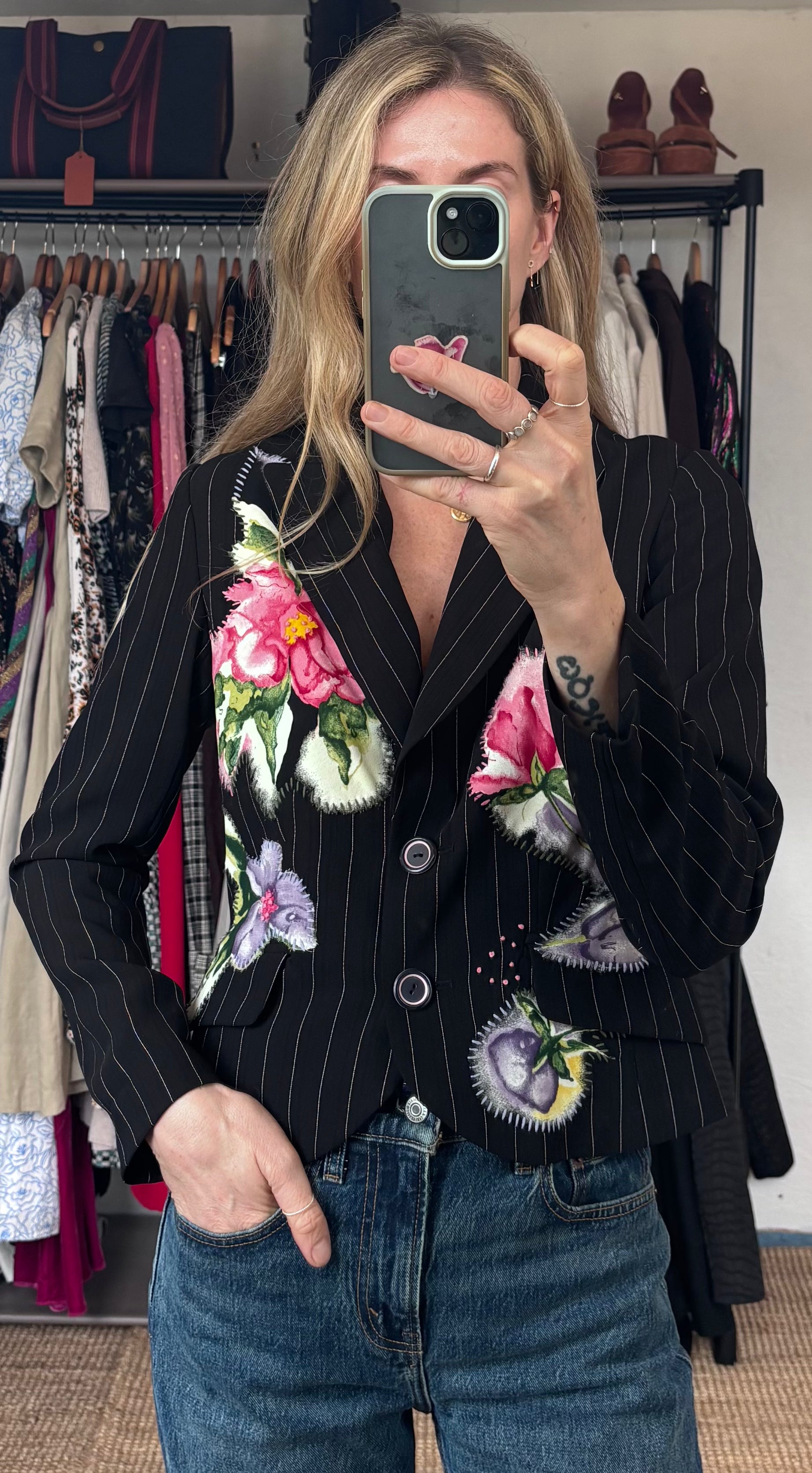 Vintage Simon Chang Pinstripe Floral Embroidered Painted Patchwork Blazer Jacket
