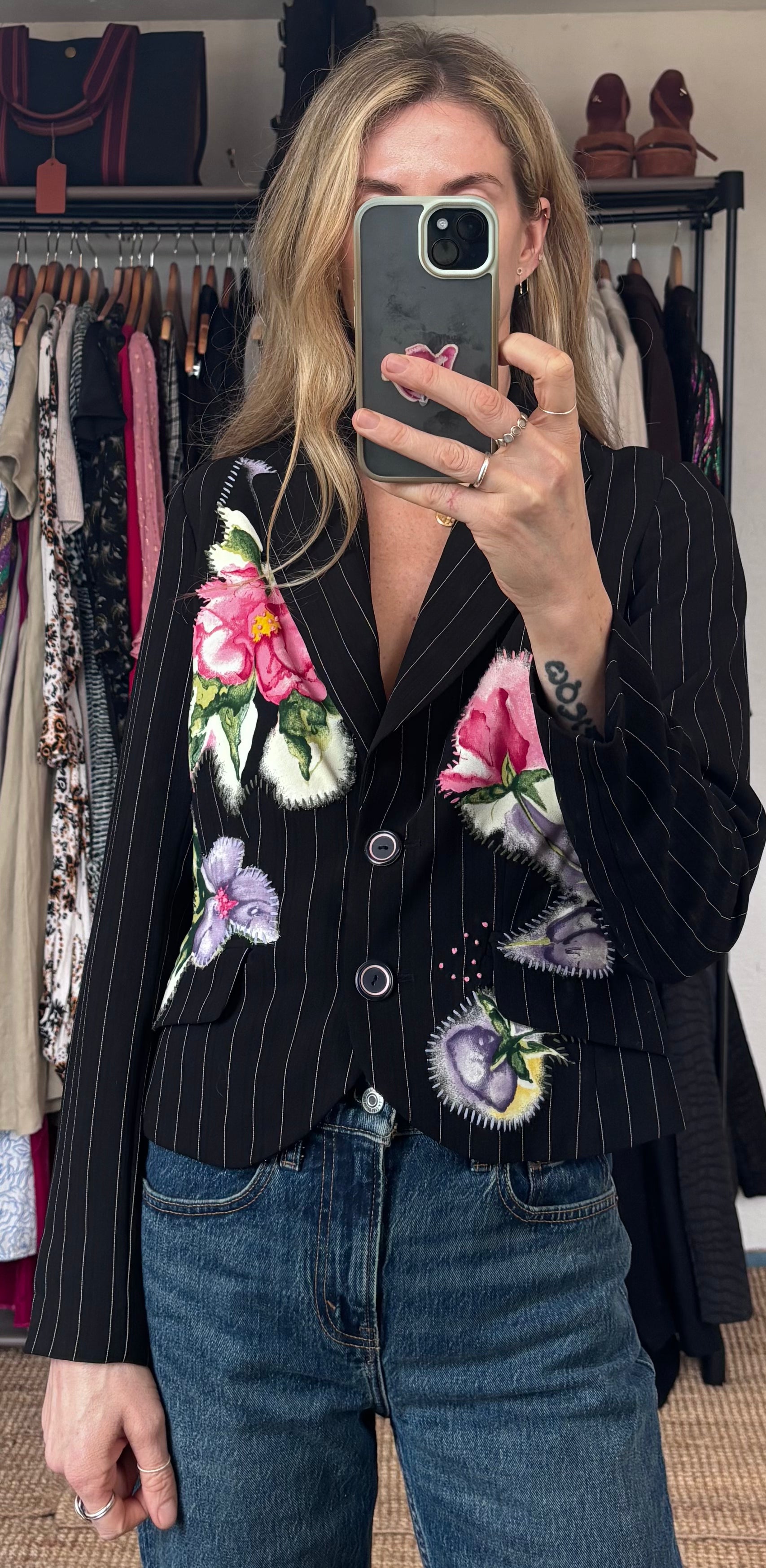 Vintage Simon Chang Pinstripe Floral Embroidered Painted Patchwork Blazer Jacket