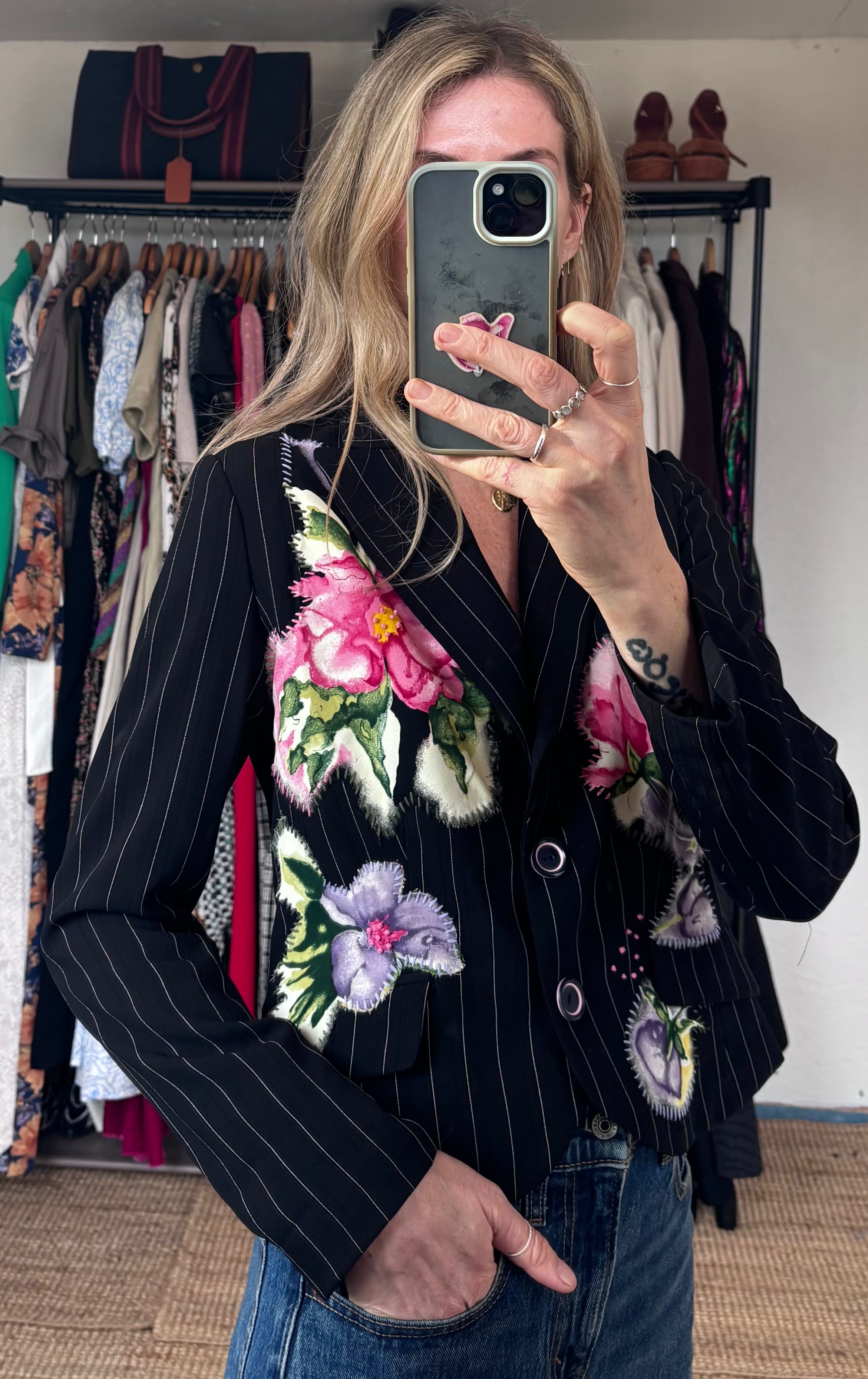 Vintage Simon Chang Pinstripe Floral Embroidered Painted Patchwork Blazer Jacket