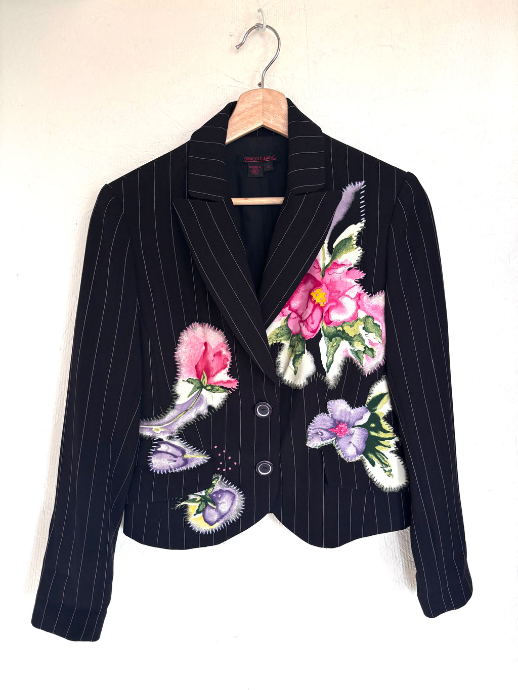 Vintage Simon Chang Pinstripe Floral Embroidered Painted Patchwork Blazer Jacket