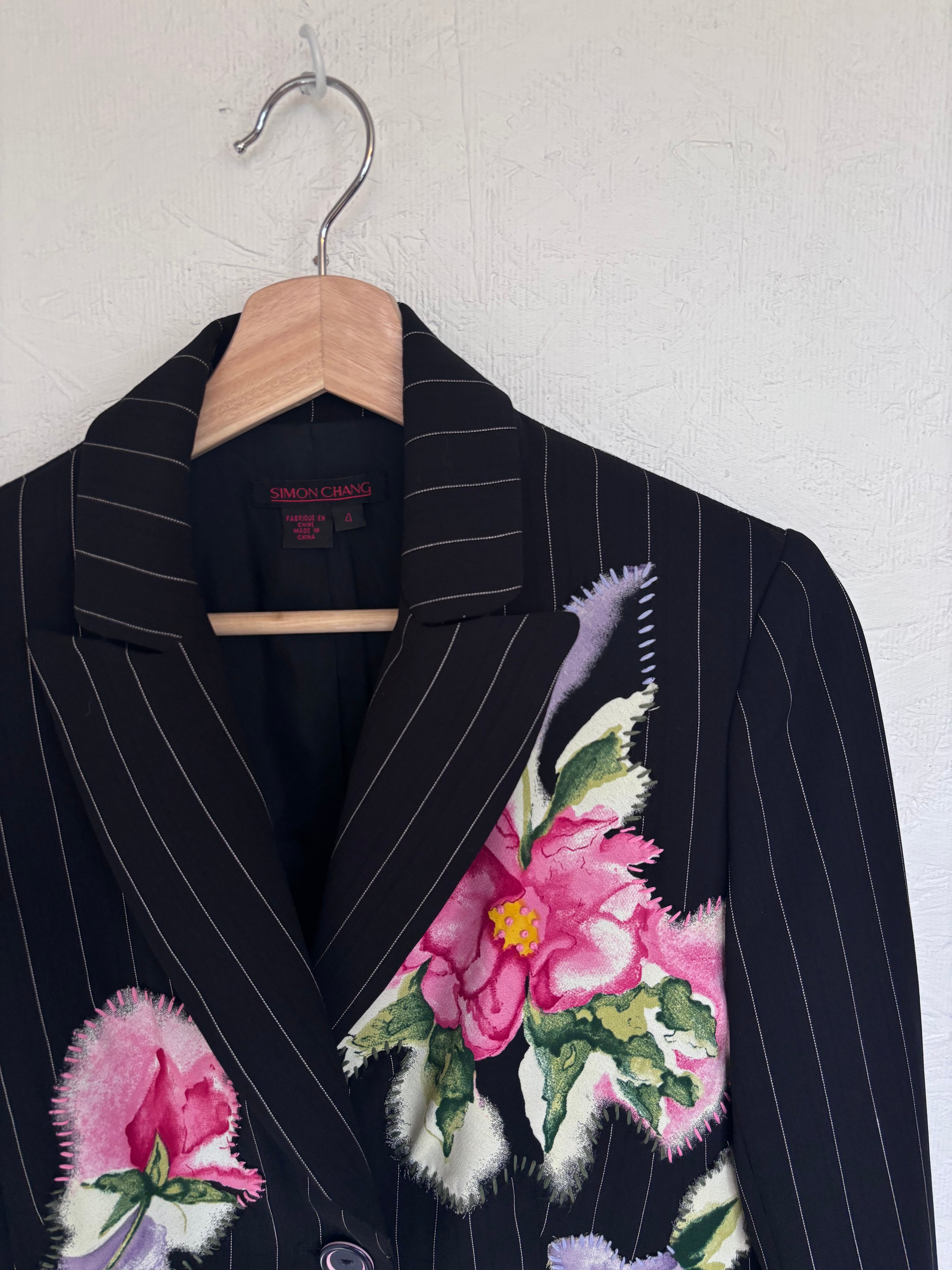 Vintage Simon Chang Pinstripe Floral Embroidered Painted Patchwork Blazer Jacket