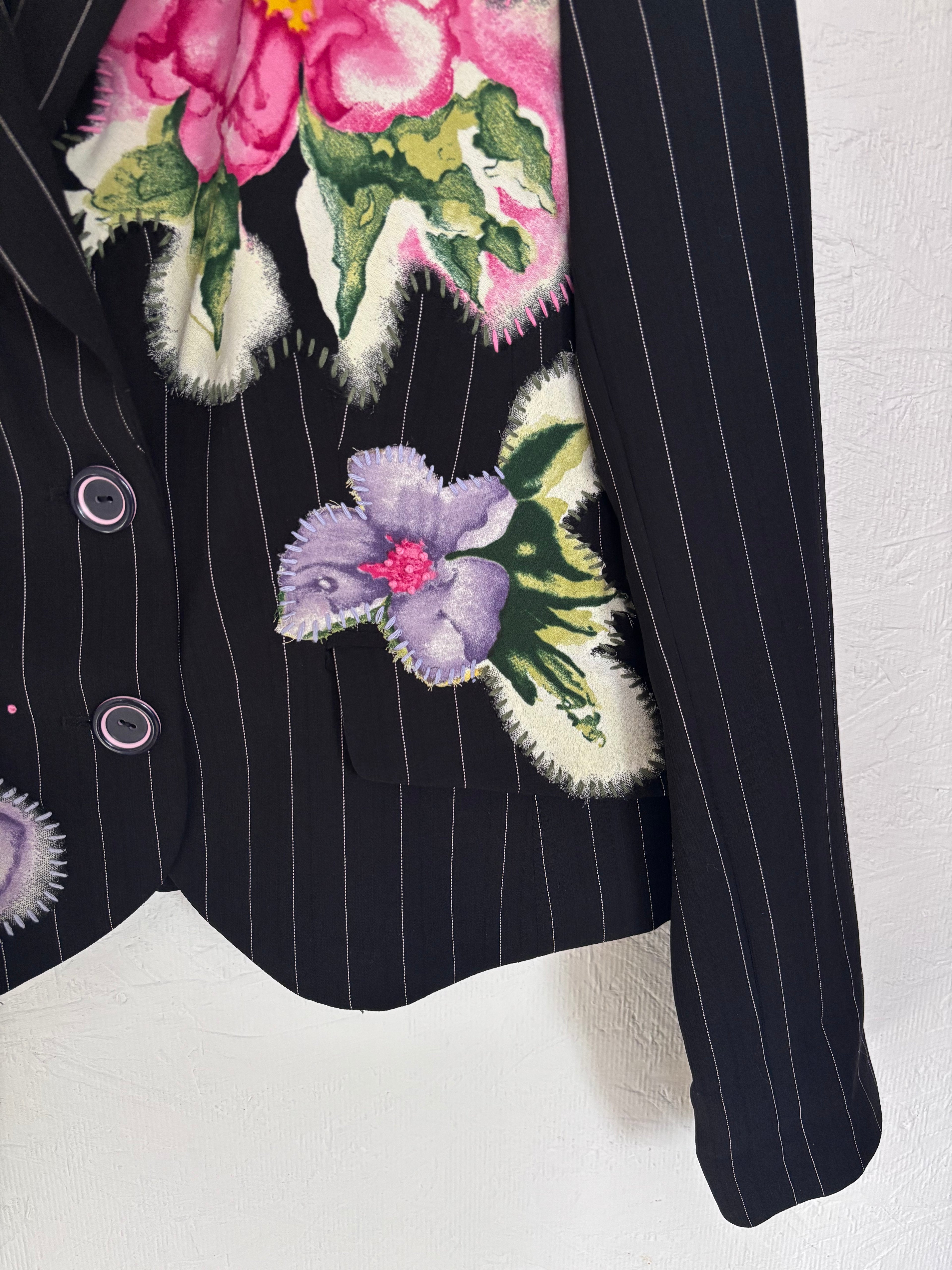 Vintage Simon Chang Pinstripe Floral Embroidered Painted Patchwork Blazer Jacket
