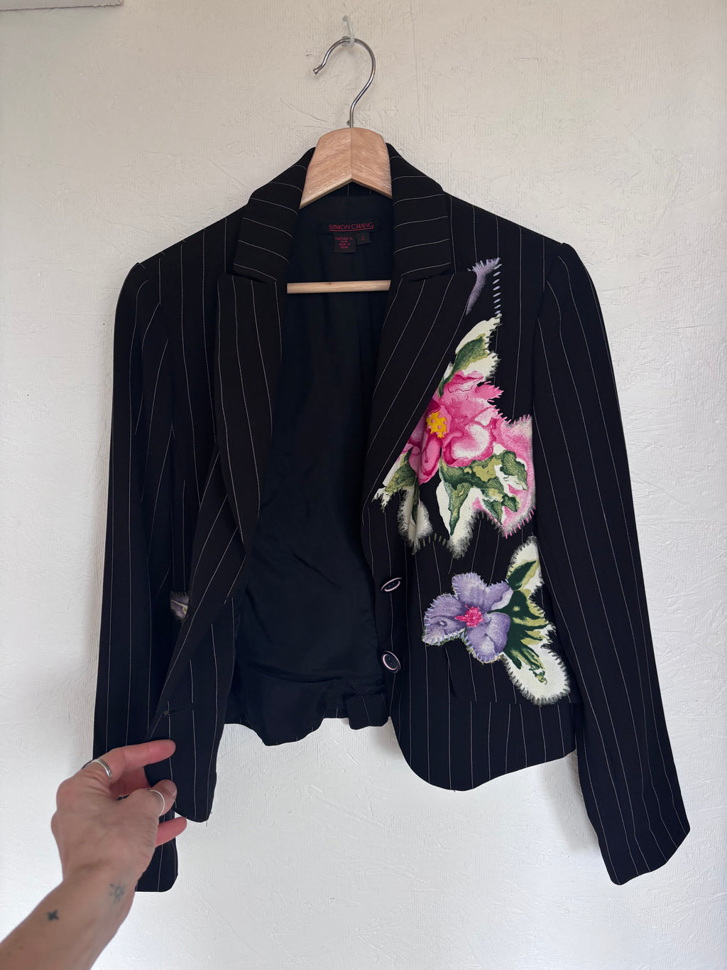 Vintage Simon Chang Pinstripe Floral Embroidered Painted Patchwork Blazer Jacket