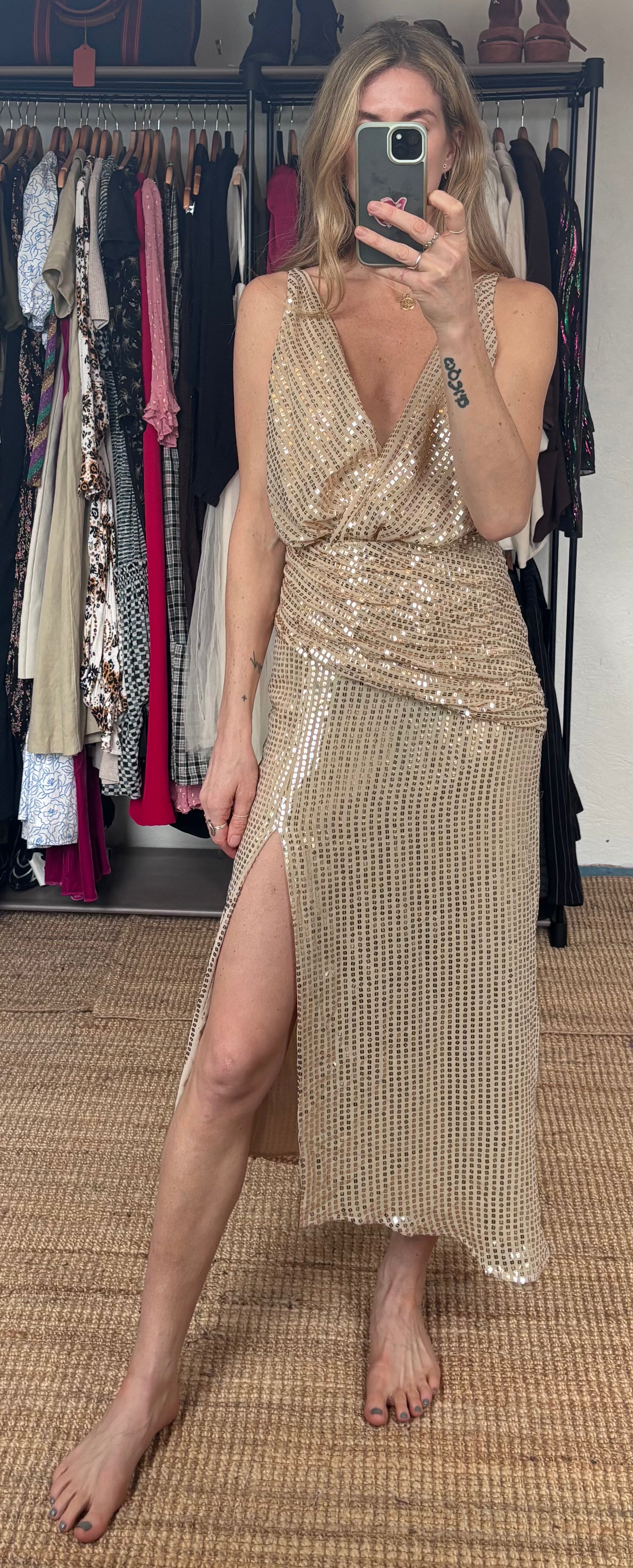 Zara Gold Sequin Sparkle Slit Sleeveless Low Cut V Neck Midi Ruched Disco Dress