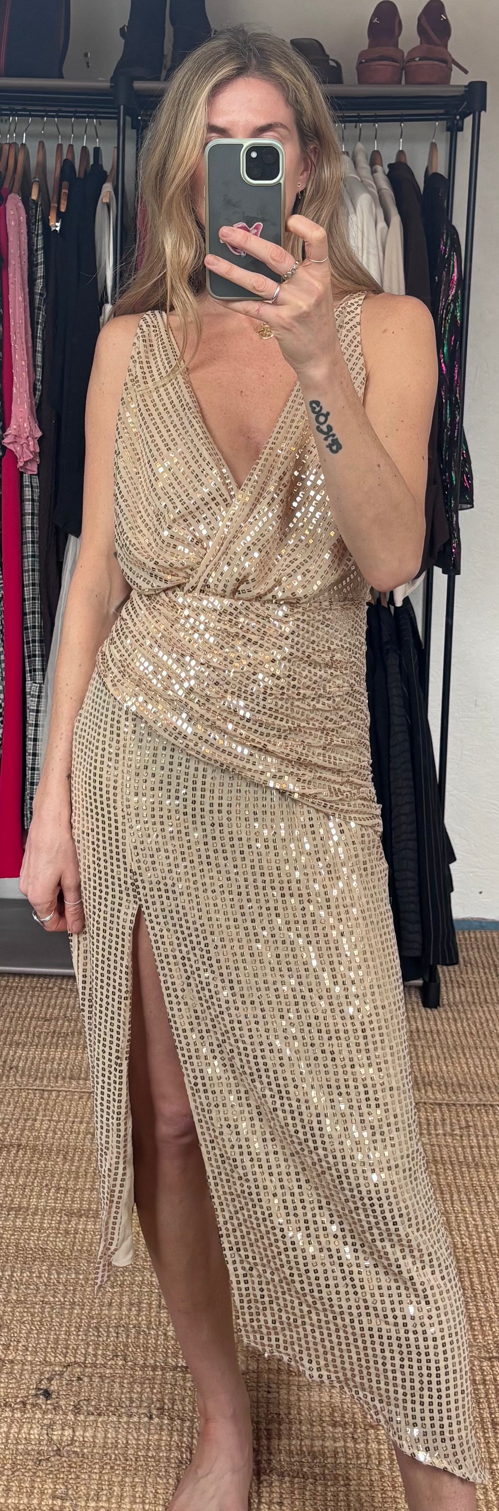 Zara Gold Sequin Sparkle Slit Sleeveless Low Cut V Neck Midi Ruched Disco Dress