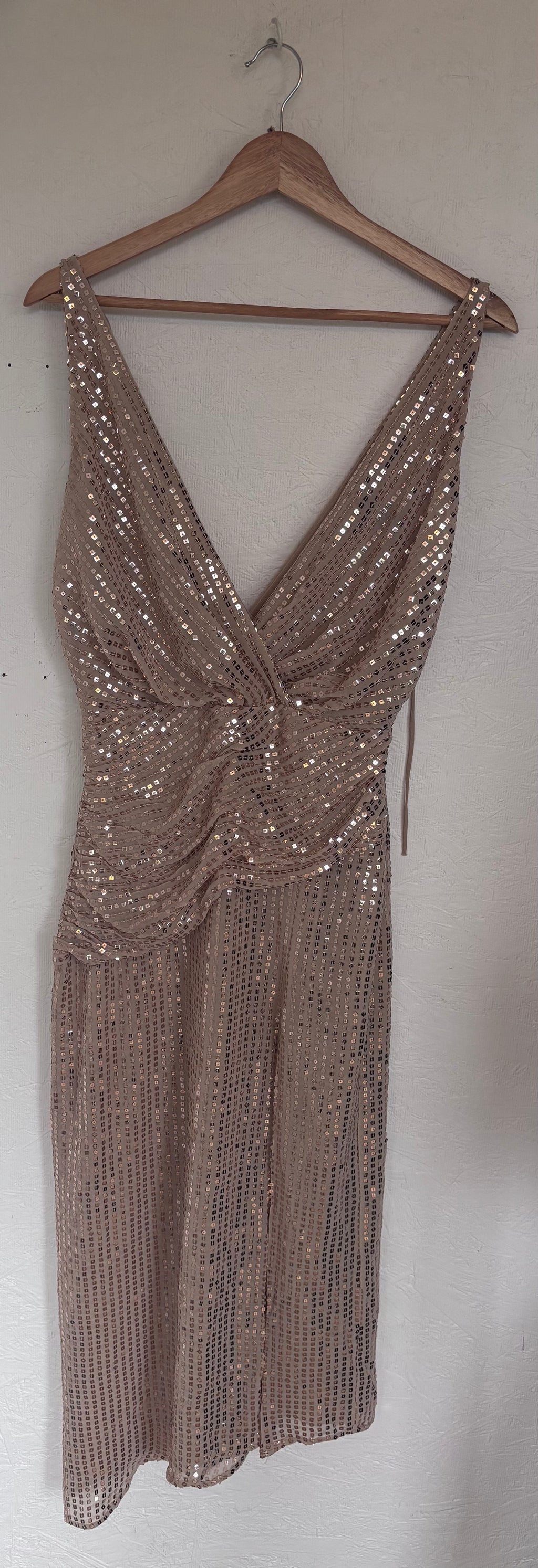 Zara Gold Sequin Sparkle Slit Sleeveless Low Cut V Neck Midi Ruched Disco Dress