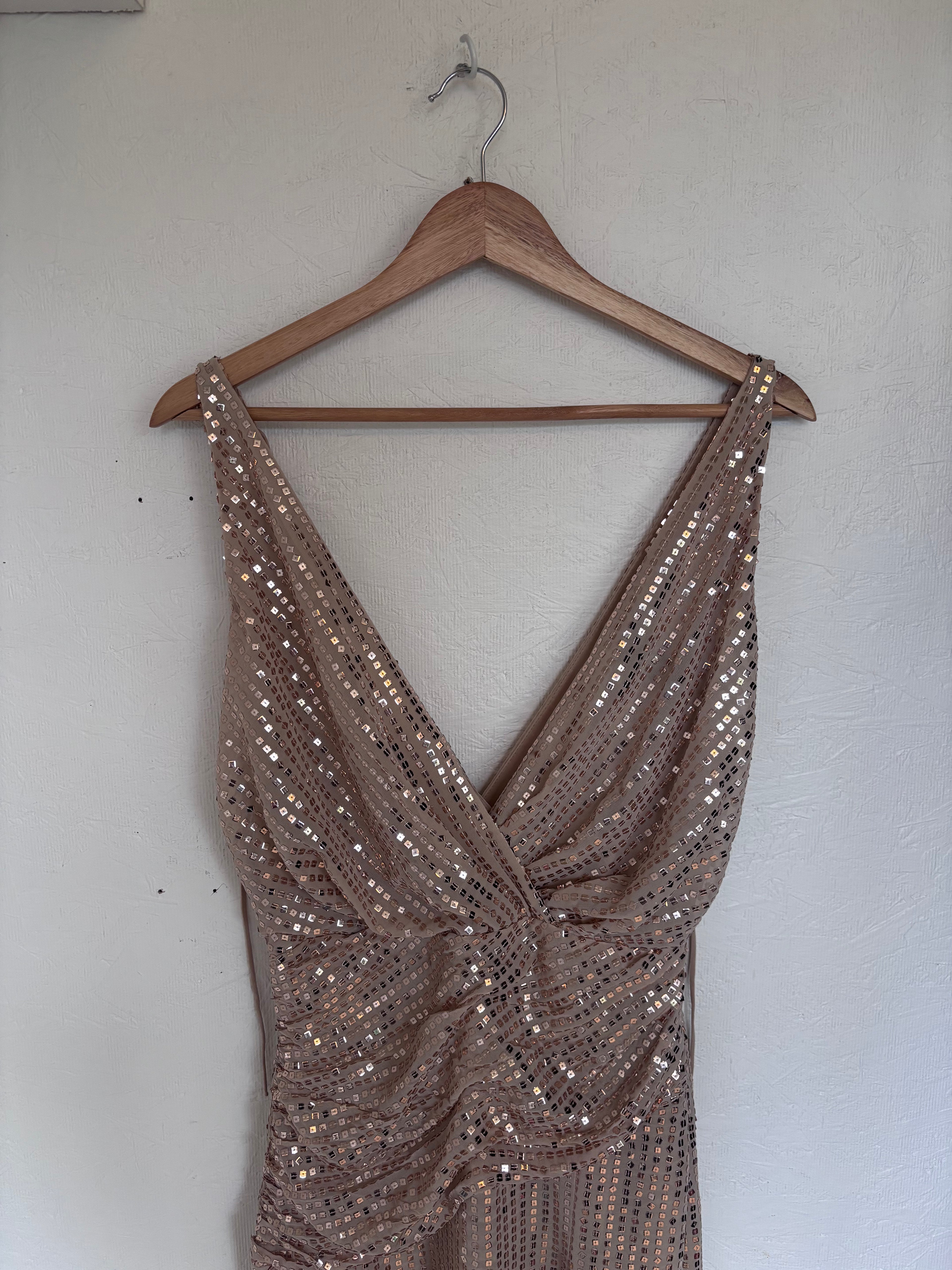 Zara Gold Sequin Sparkle Slit Sleeveless Low Cut V Neck Midi Ruched Disco Dress
