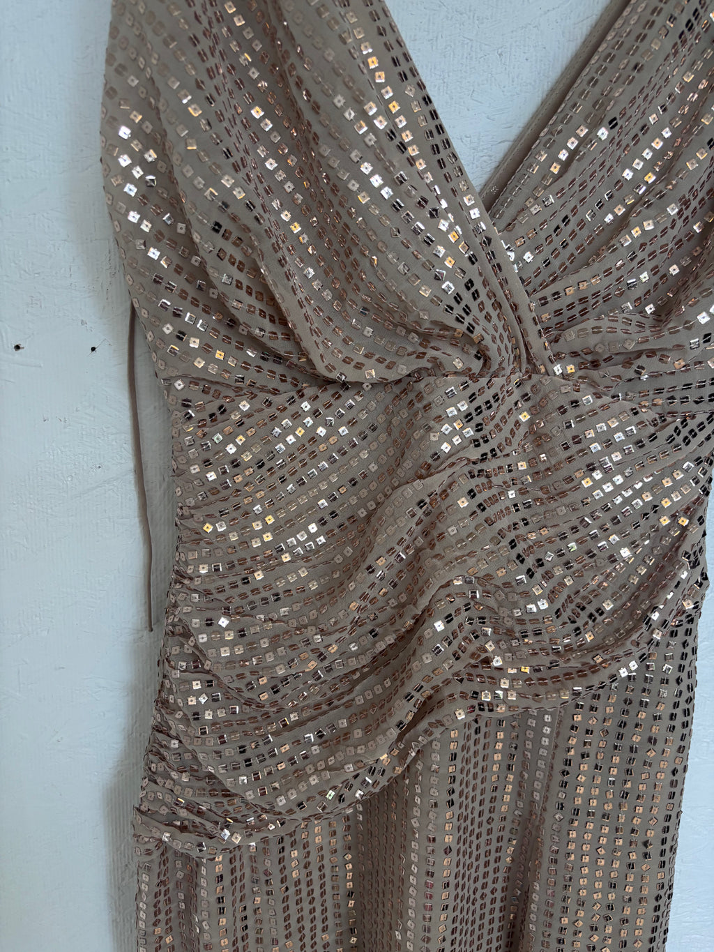 Zara Gold Sequin Sparkle Slit Sleeveless Low Cut V Neck Midi Ruched Disco Dress
