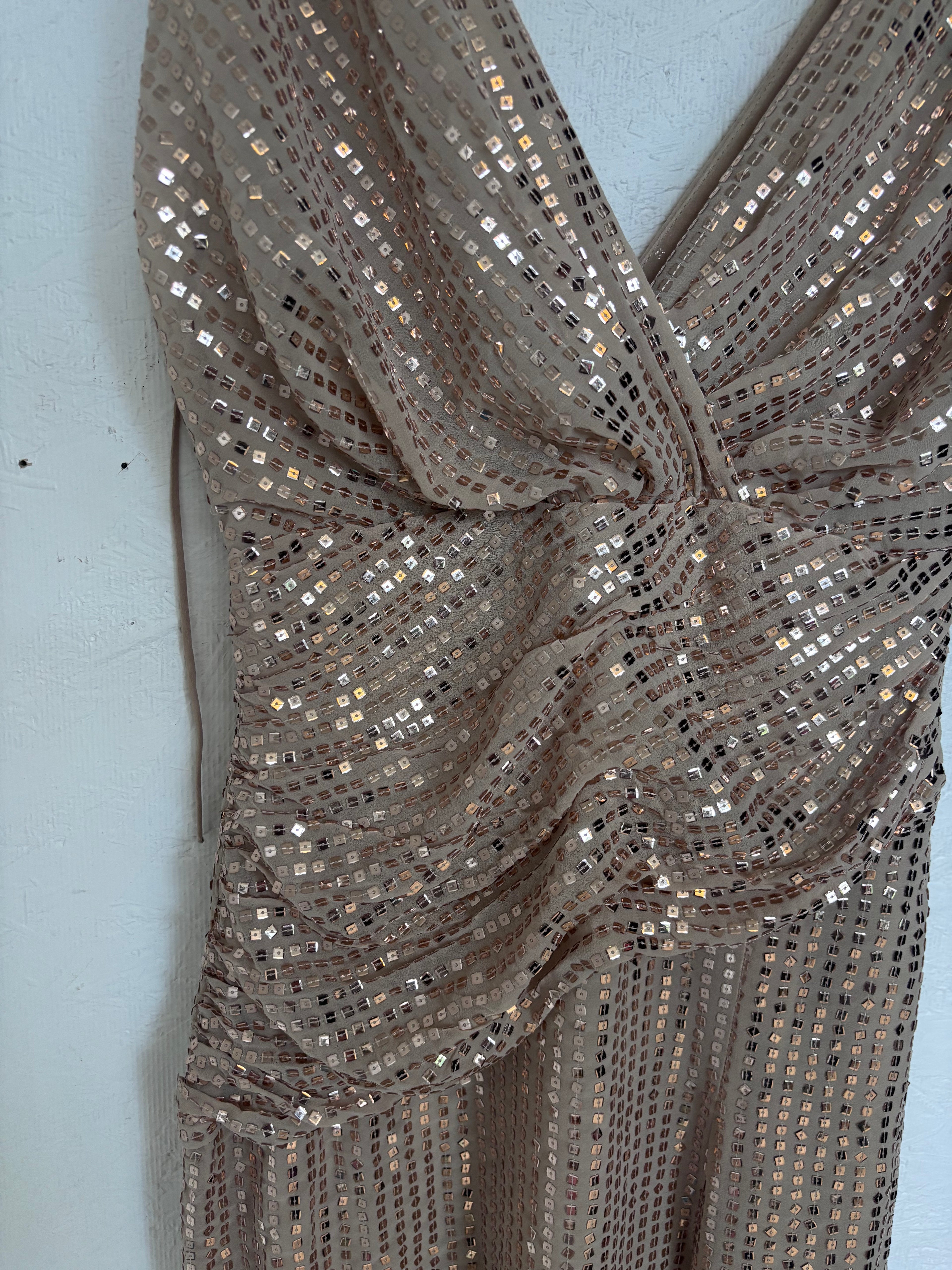 Zara Gold Sequin Sparkle Slit Sleeveless Low Cut V Neck Midi Ruched Disco Dress