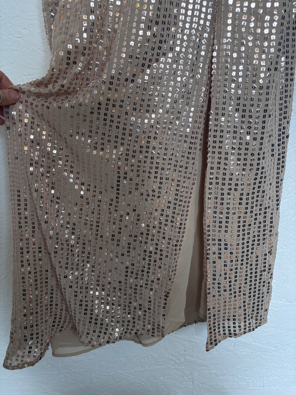 Zara Gold Sequin Sparkle Slit Sleeveless Low Cut V Neck Midi Ruched Disco Dress